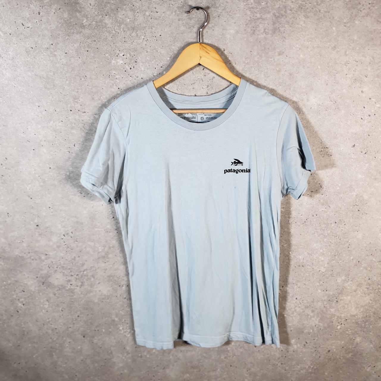 Vintage Patagonia Fish Surf Oil T Shirt Womens Large Blue Regular Fit Spellout Logo Big Fish Vintage