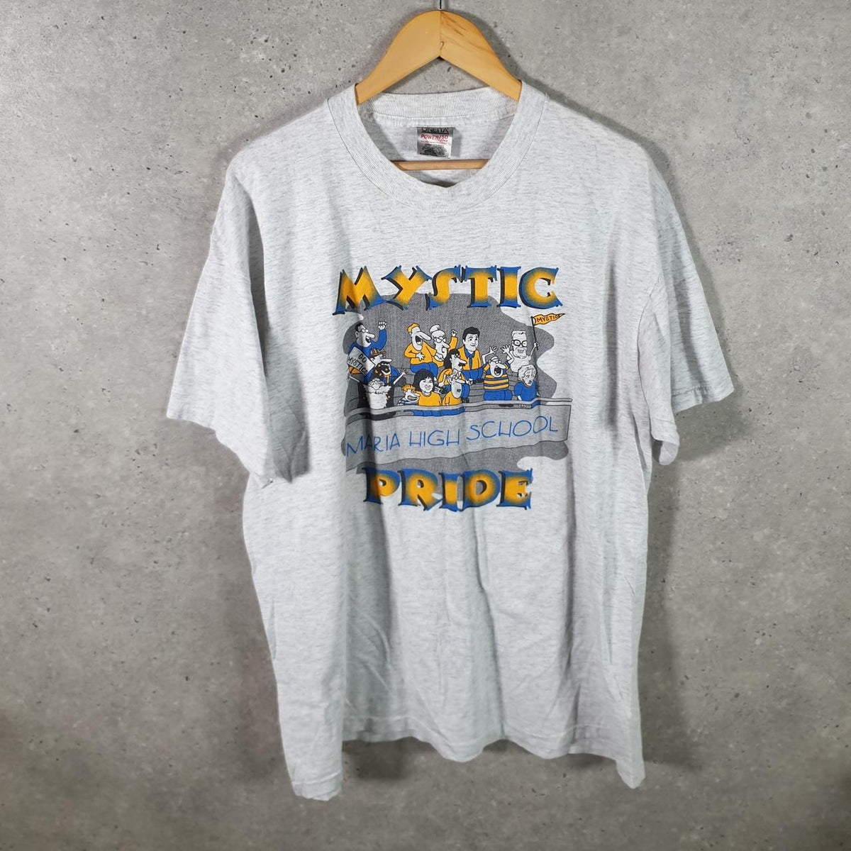 Vintage Oneita Power Mystic Pride School T Single Stitch T Shirt Men’s XL Grey Big Fish Vintage