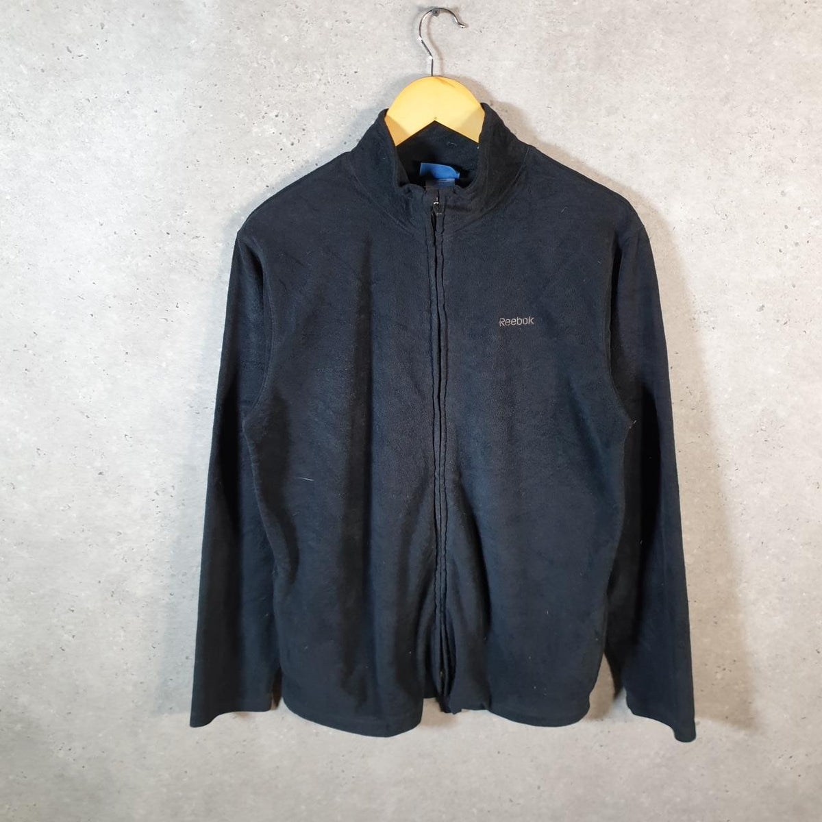 Vintage Reebok Full Zip Fleece Sweatshirt Mens Medium Black Logo Winter