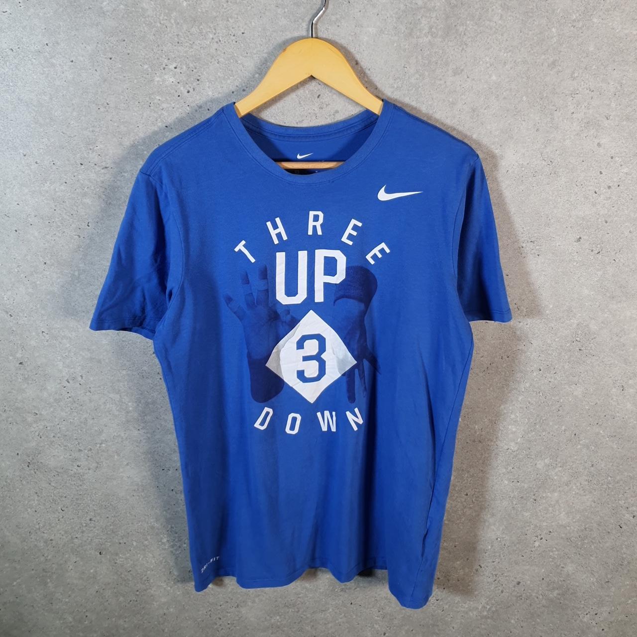Vintage Nike Dri fit 3 Up 2 Down T Shirt Mens Medium Blue Printed Logo Swoosh Athletic