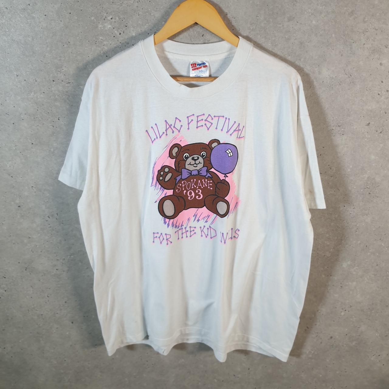 Vintage Hanes Spokan 1993 Lilac Festival Teddy Bear USA Single Stitch T Shirt Men’s Large White