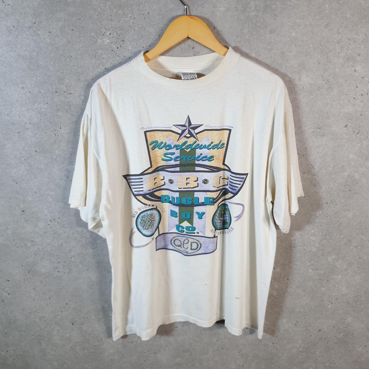 Vintage Bugle Boy Worldwide Service 90s USA Single Stitch T Shirt Men’s XL White