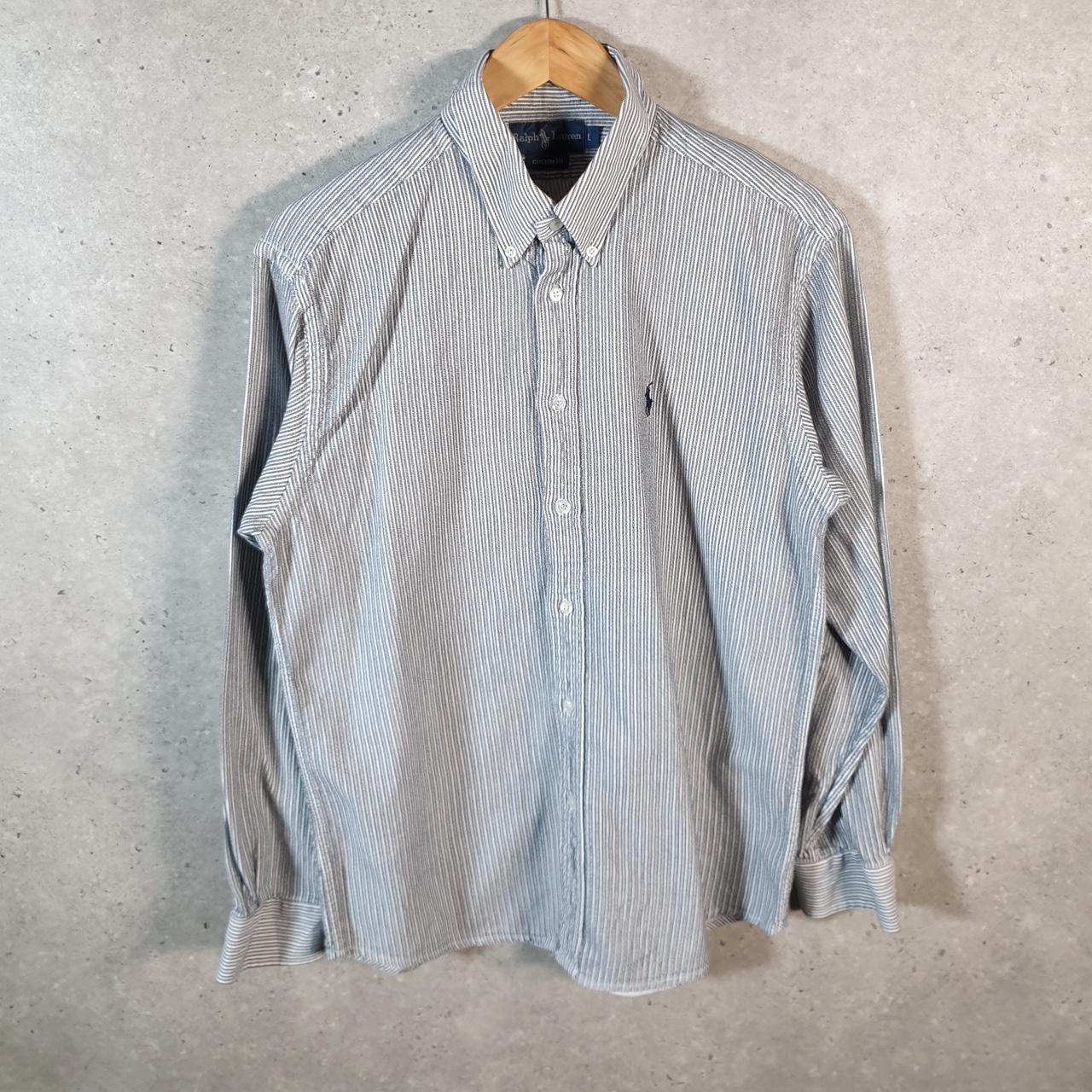 Vintage Ralph Lauren Button Down Shirt Men’s Large Grey Striped Custom Fit Cotton Pony Big Fish Vintage