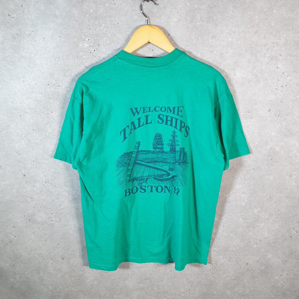 Vintage Hanes Port Of Boston Tall Ships 1992 USA Single Stitch T Shirt Men’s Large Green C9444