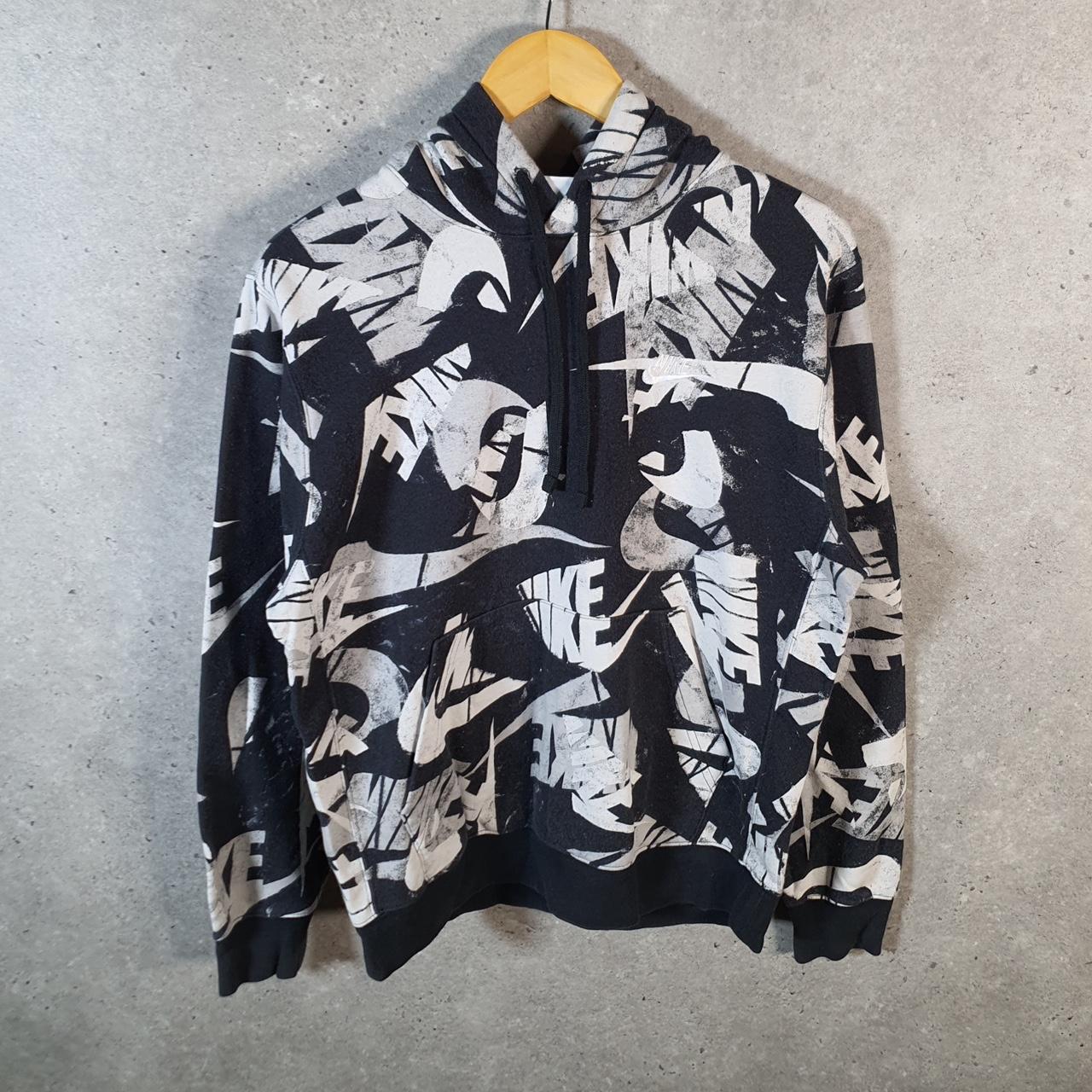 Vintage Nike Club All Over Print Hoodie Womens Large Black Swoosh Y2K Pullover Logo