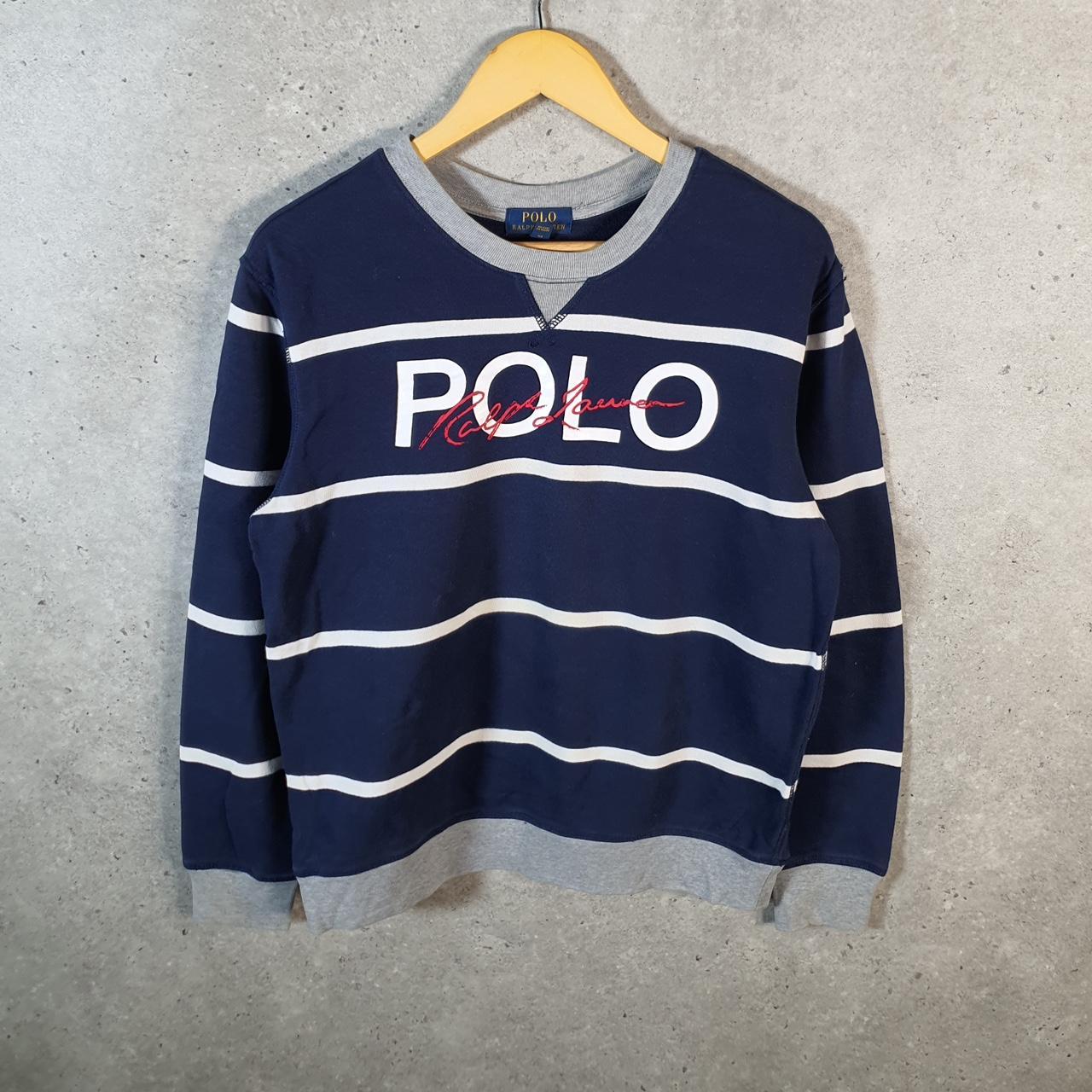 Vintage Ralph Lauren Polo Sweatshirt Womens Large Blue Striped Boxy Pullover Pony