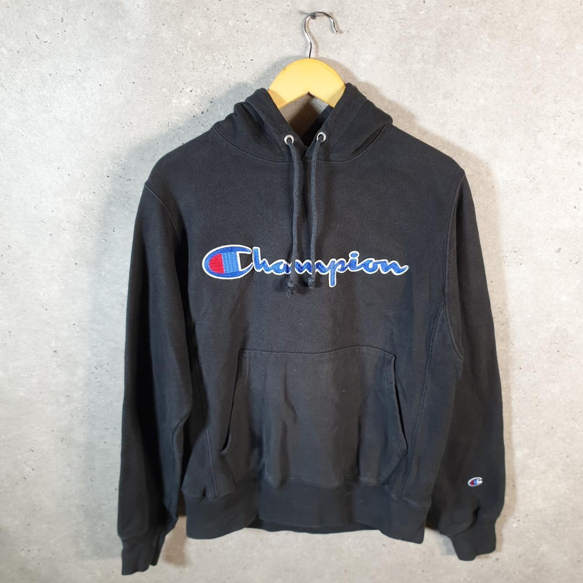 Vintage Champion Reverse Weave Hoodie Men’s Small Black Pro Sport Pullover Spellout Logo
