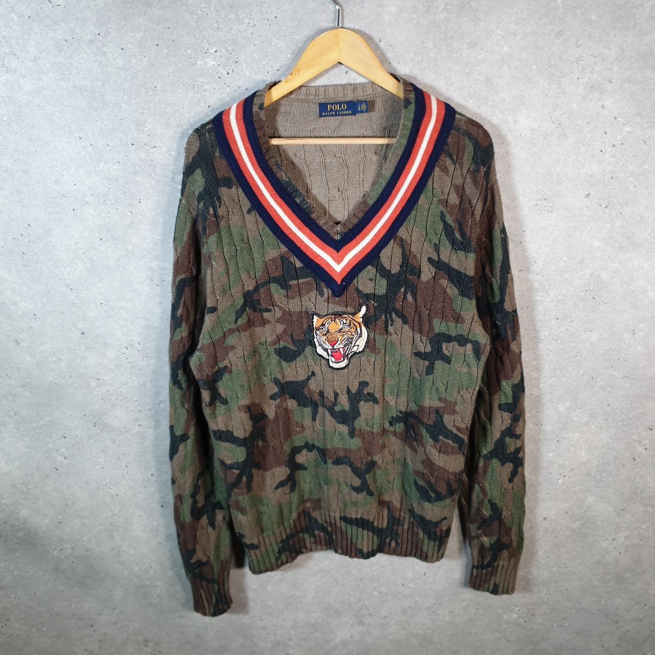 Vintage Ralph Lauren Polo Tiger Knit Cable Heavy Jumper Sweater Men’s Large Camo Pony Big Fish Vintage