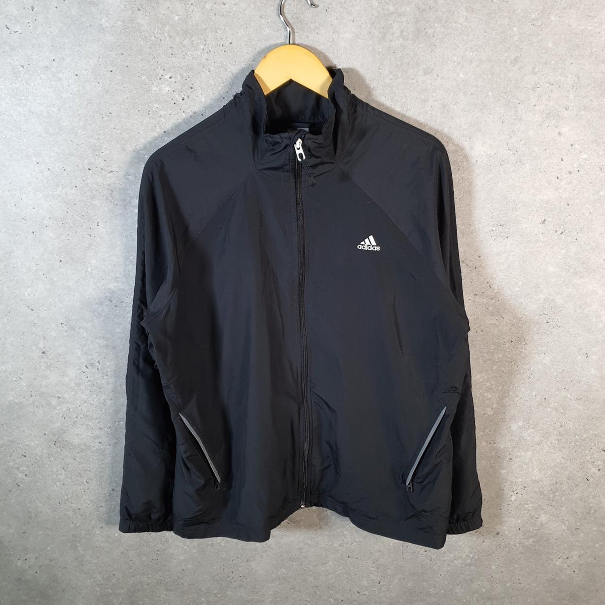 Vintage Adidas Windbreaker Track Jacket Womens XL Black USA Three Stripes Full Zip
