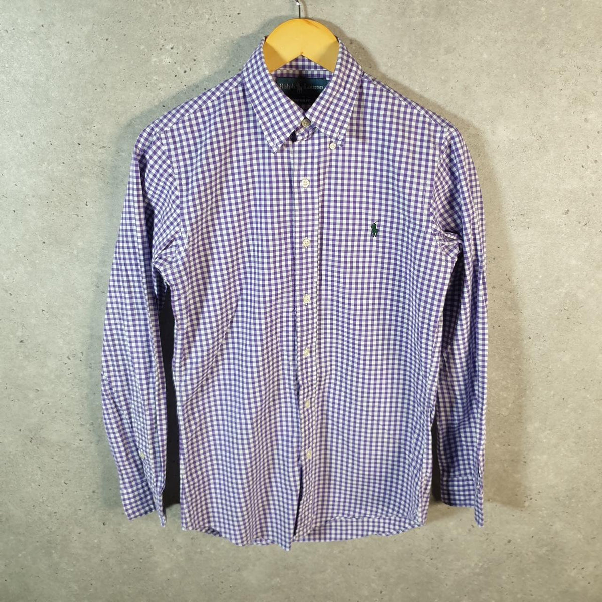 Vintage Ralph Lauren Button Down Shirt Men’s Small Purple Checkered Custom Fit Cotton Pony