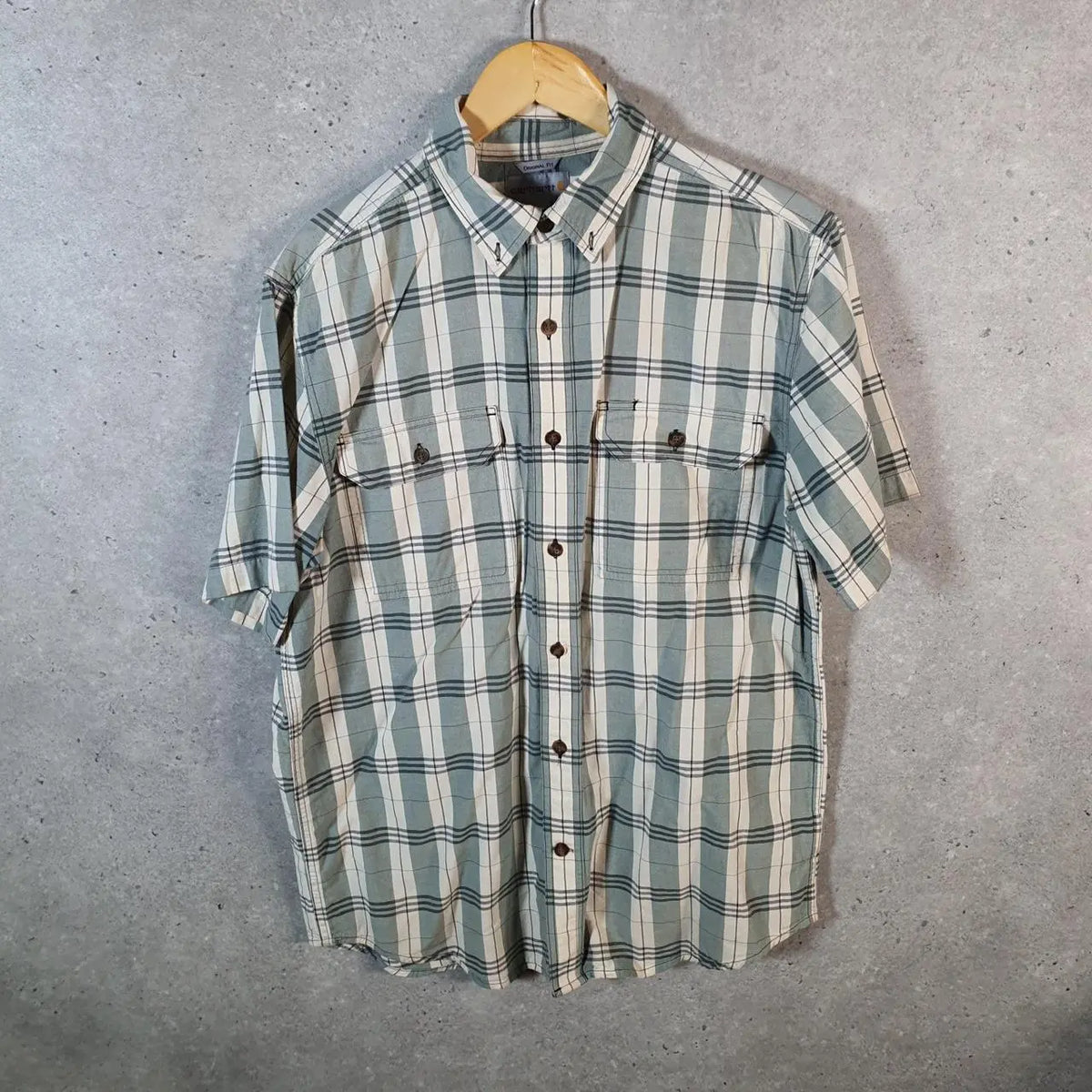 Vintage Carhartt Shirt Button Down Mens Medium Blue Checkered Chore Utility Original - Big Fish Vintage