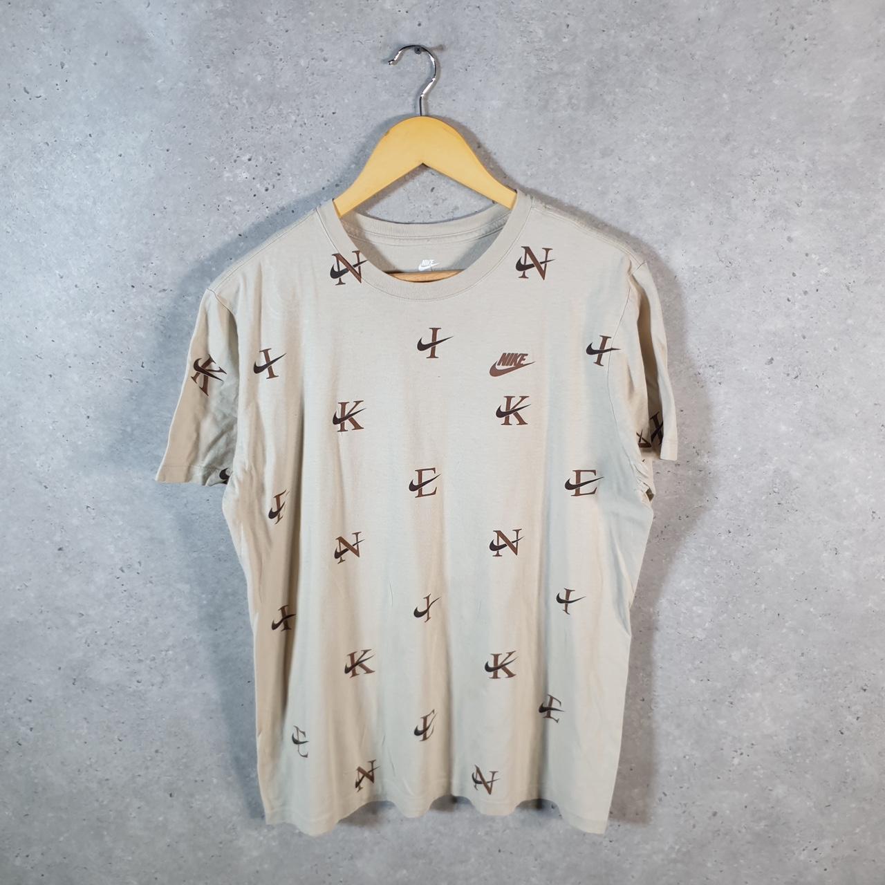 Vintage Nike Spellout All Over Print T Shirt Men’s Large Brown Logo Swoosh Athletic