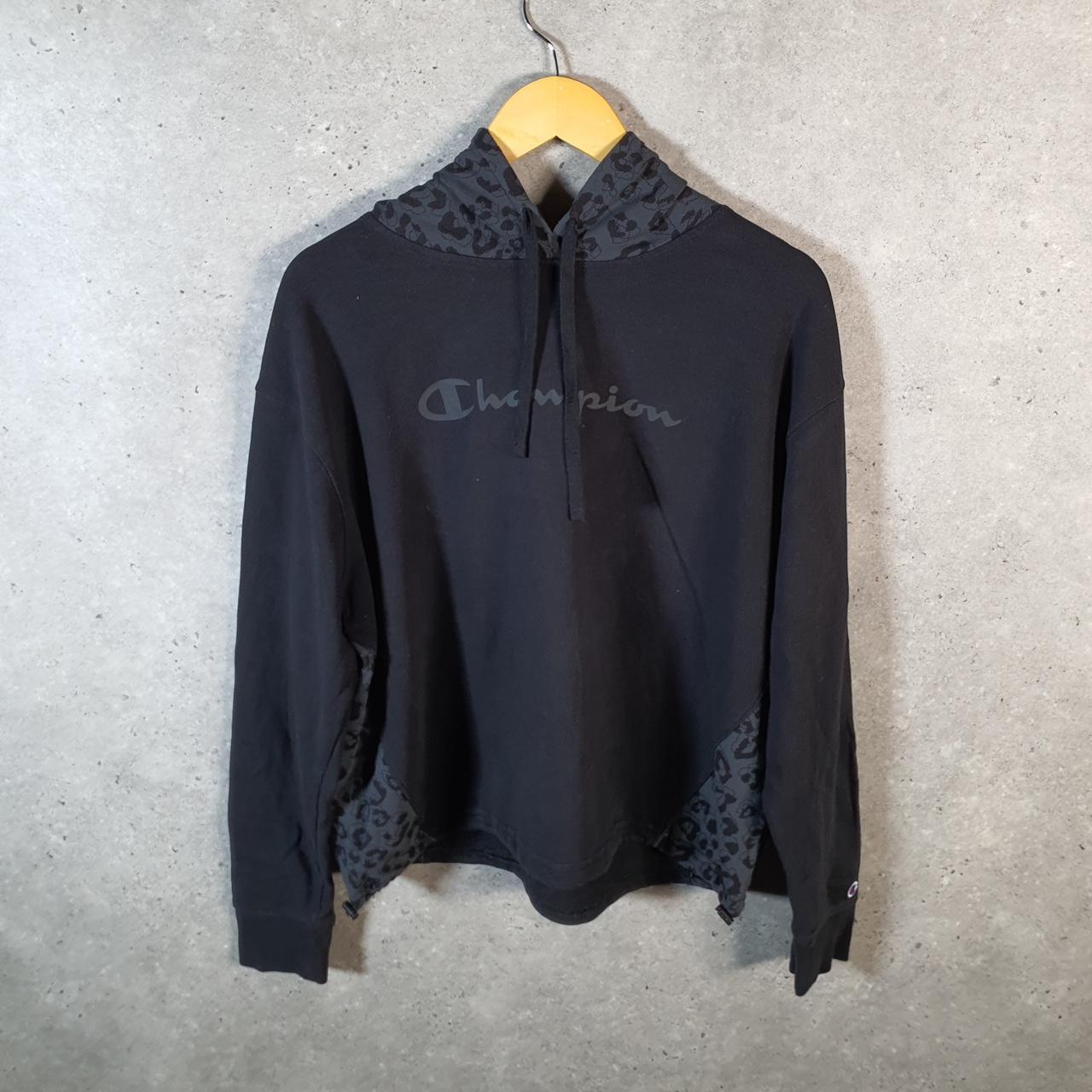 Vintage Champion Hoodie Womens Large Black USA Pullover Spellout Logo