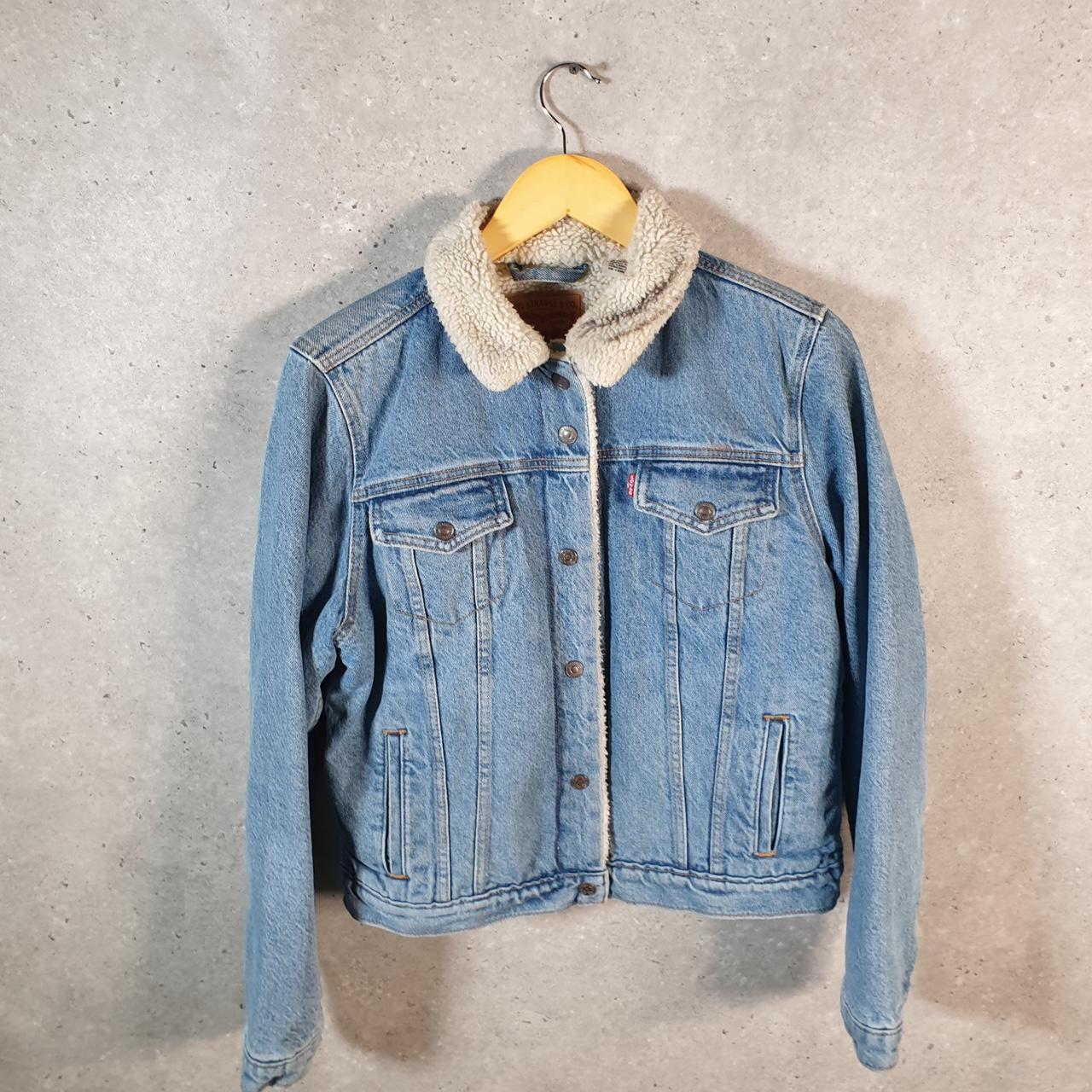 Vintage Levis Denim Jean Trucker Sherpa Jacket Womens Large Blue Button Sherling