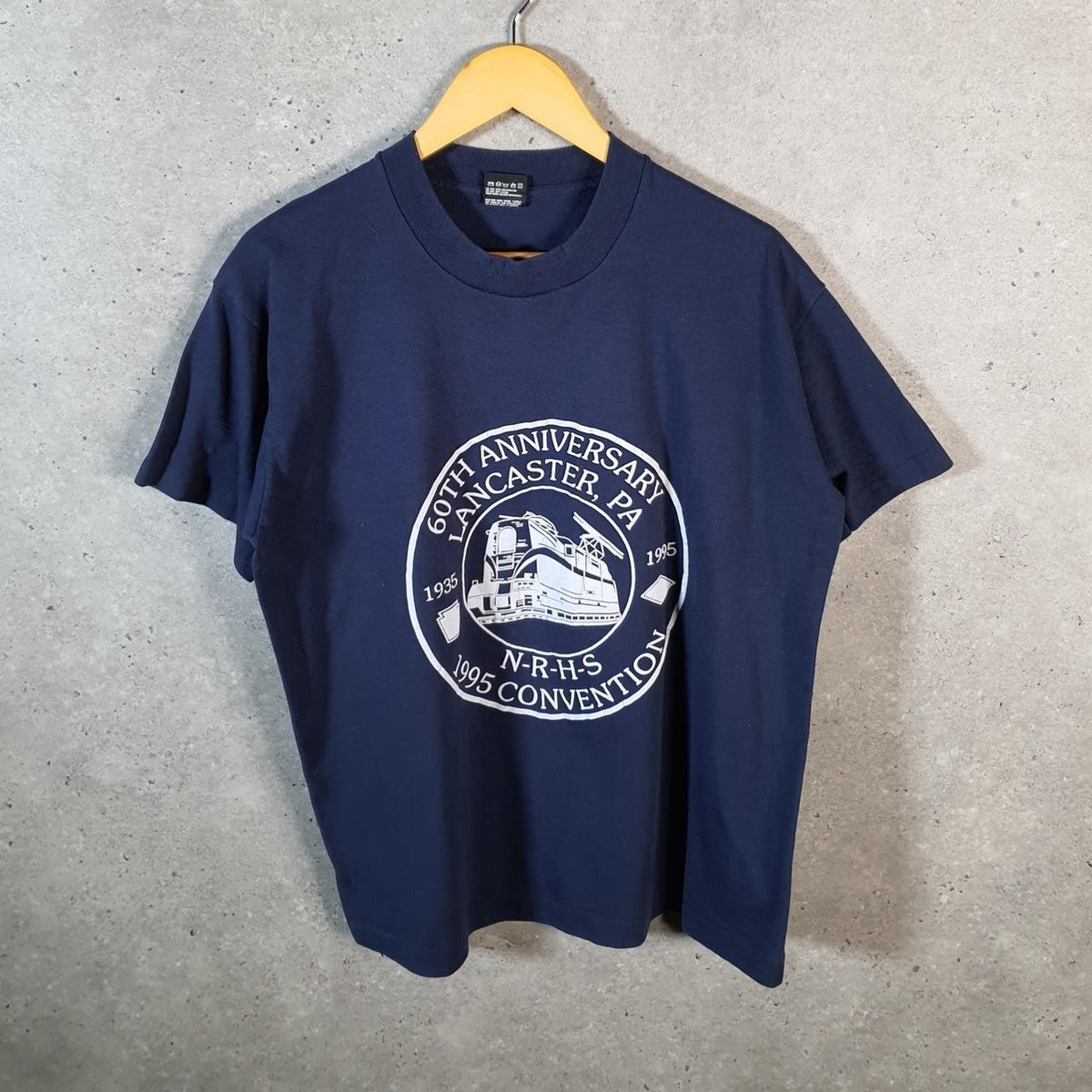 Vintage Fruit of the Loom 1995 Lancaster NRHS Single Stitch T Shirt Men’s Large Navy Blue C9260