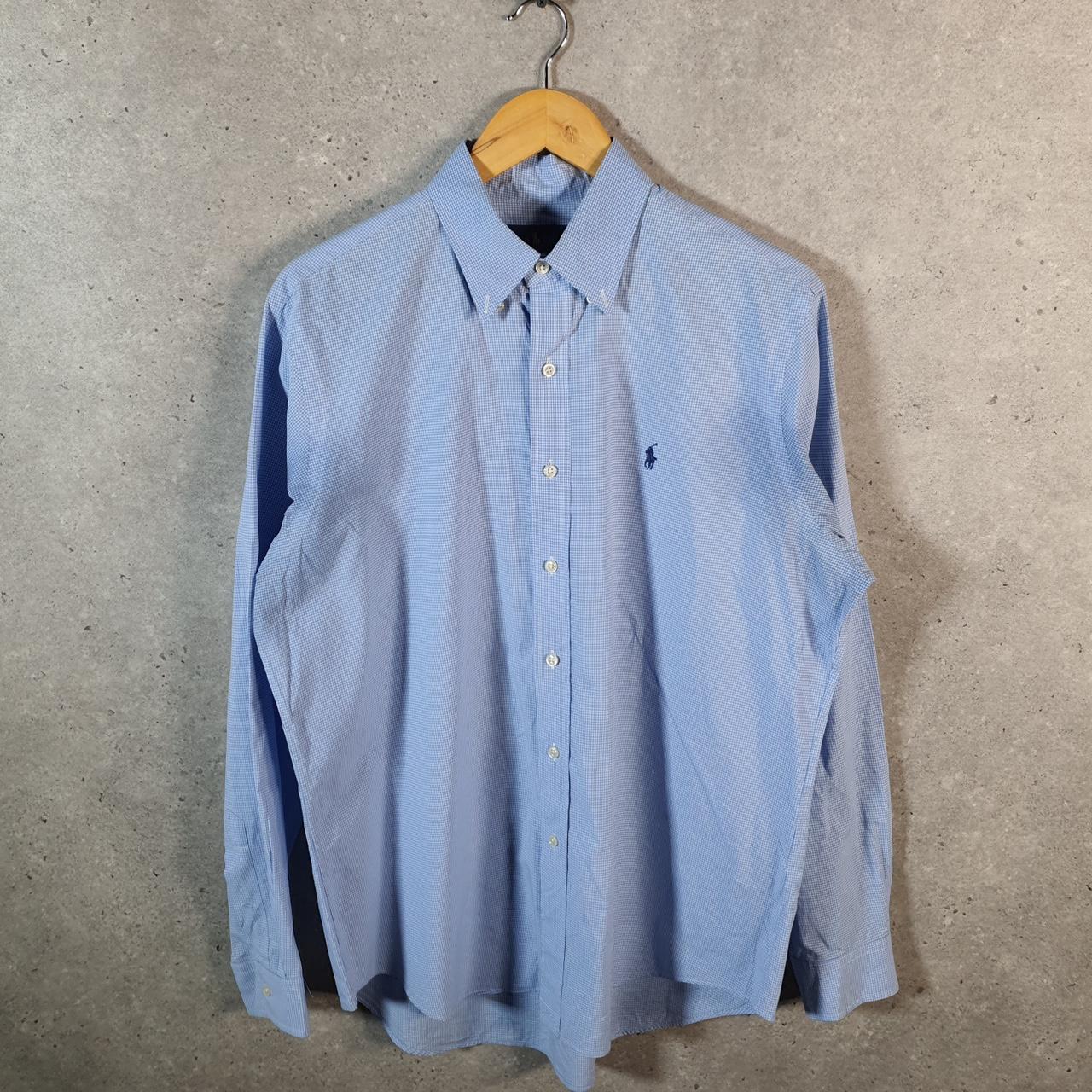 Vintage Ralph Lauren Button Down Shirt Men’s Large Blue Checkered Custom Cotton Pony Casual Big Fish Vintage