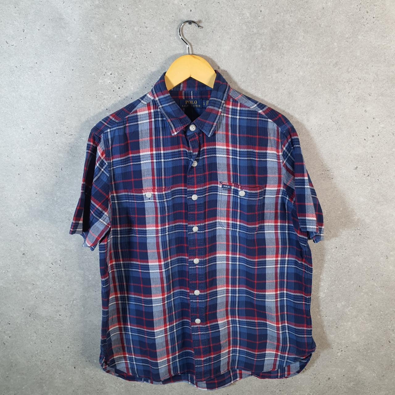 Vintage Ralph Lauren Button Down Shirt Men’s Large Blue Checkered Cotton Stretch Pocket