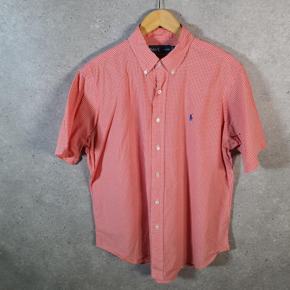 Vintage Ralph Lauren Button Down Shirt Men’s Large Pink Checkered Classic Fit Cotton Pony Big Fish Vintage