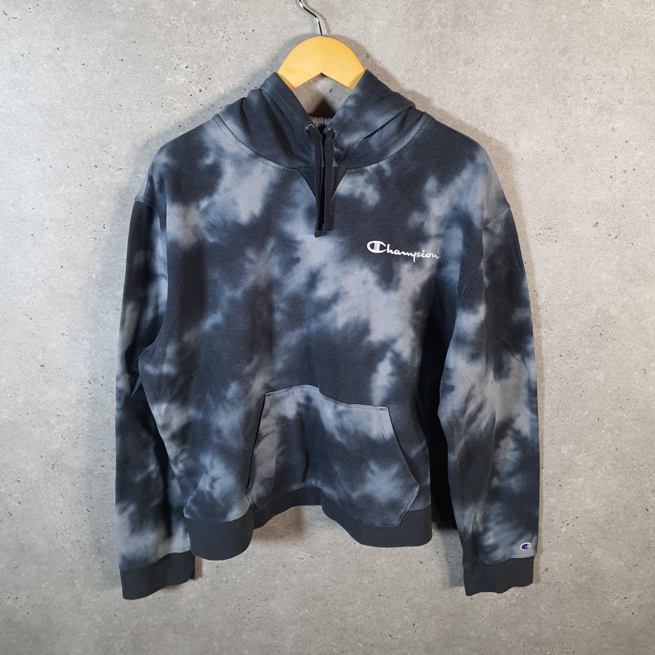 Vintage Champion Hoodie Womens 2XL Grey Tie Dye USA Pullover Spellout Logo