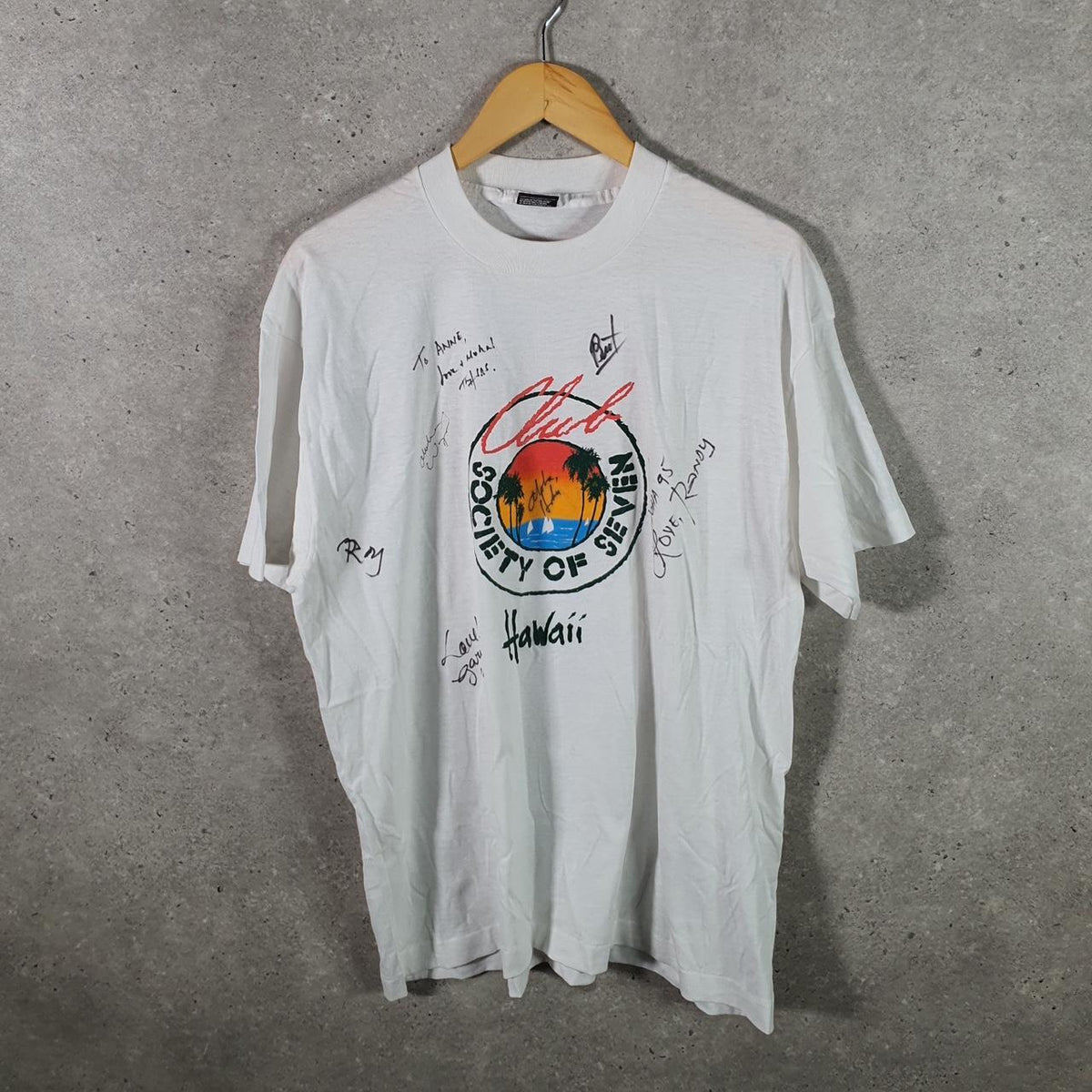 Vintage Fruit of the Loom Best Society Seven Hawaii Single Stitch T Shirt Men’s XL White Big Fish Vintage