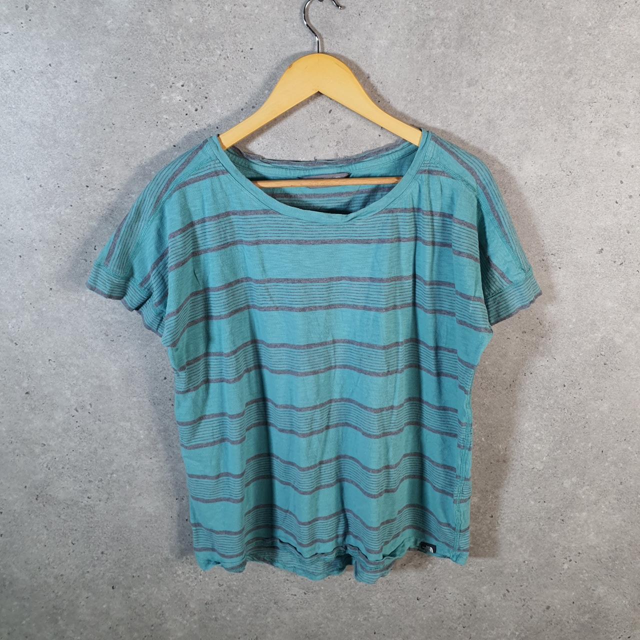 Vintage The North Face TNF Spellout T Shirt Womens XL Striped Blue Logo Athletic