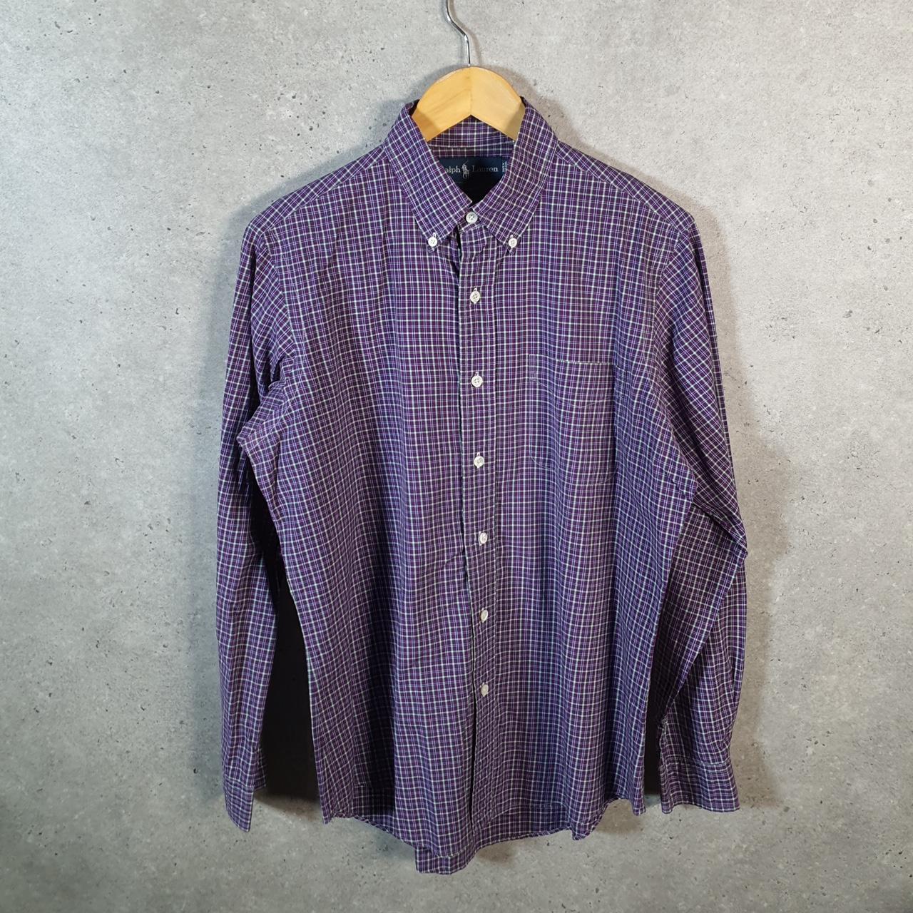 Vintage Ralph Lauren Button Down Shirt Men’s Medium Purple Checkered Custom Fit Cotton Pocket Big Fish Vintage