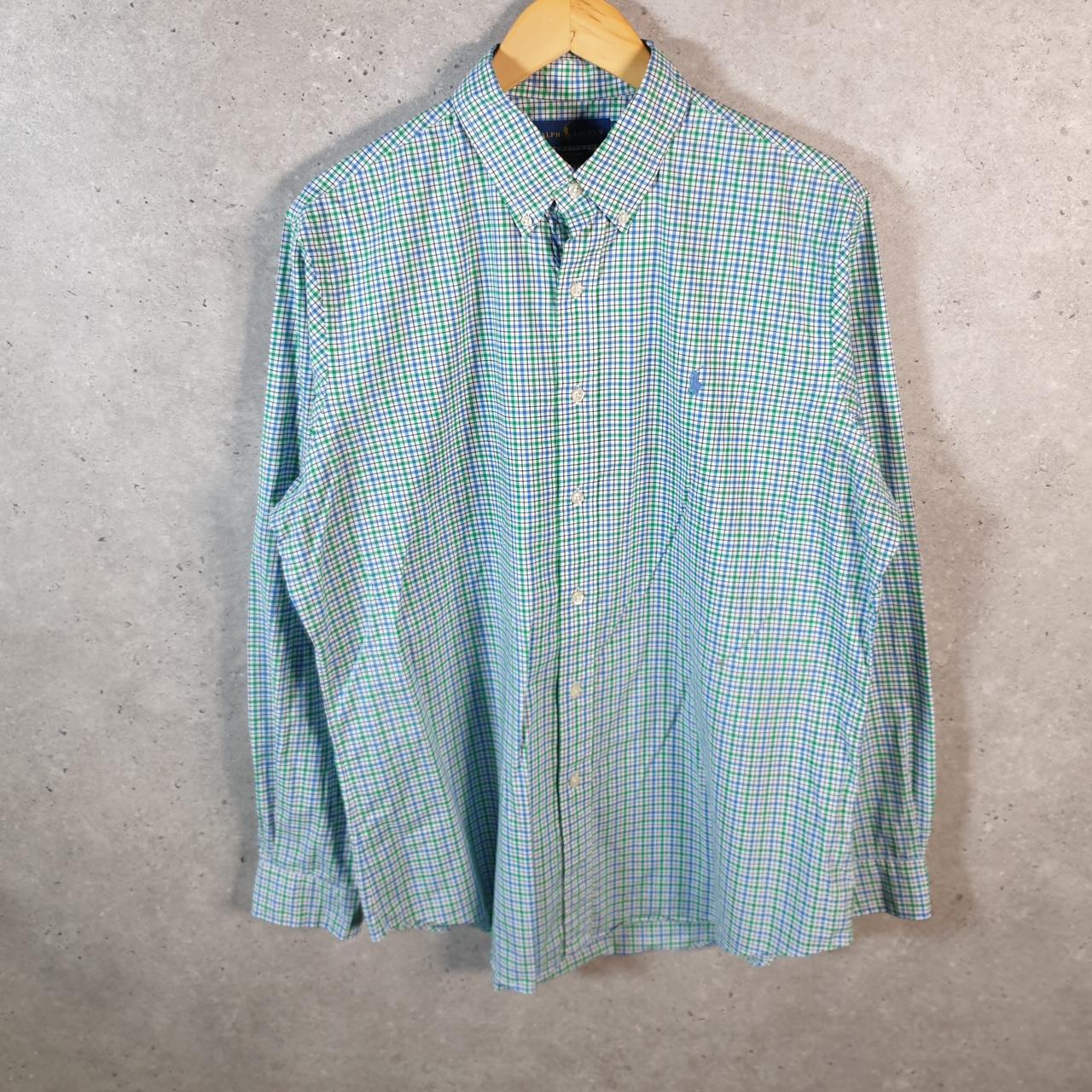 Vintage Ralph Lauren Button Down Shirt Men’s Large Green Checkered Stretch Fit Pony Cotton Big Fish Vintage