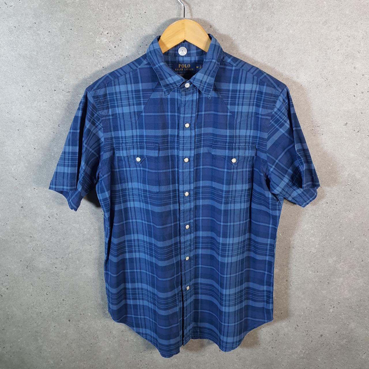 Vintage Ralph Lauren Button Down Shirt Men’s Medium Blue Checkered Indigo Oxford Fit Cotton Pocket Big Fish Vintage