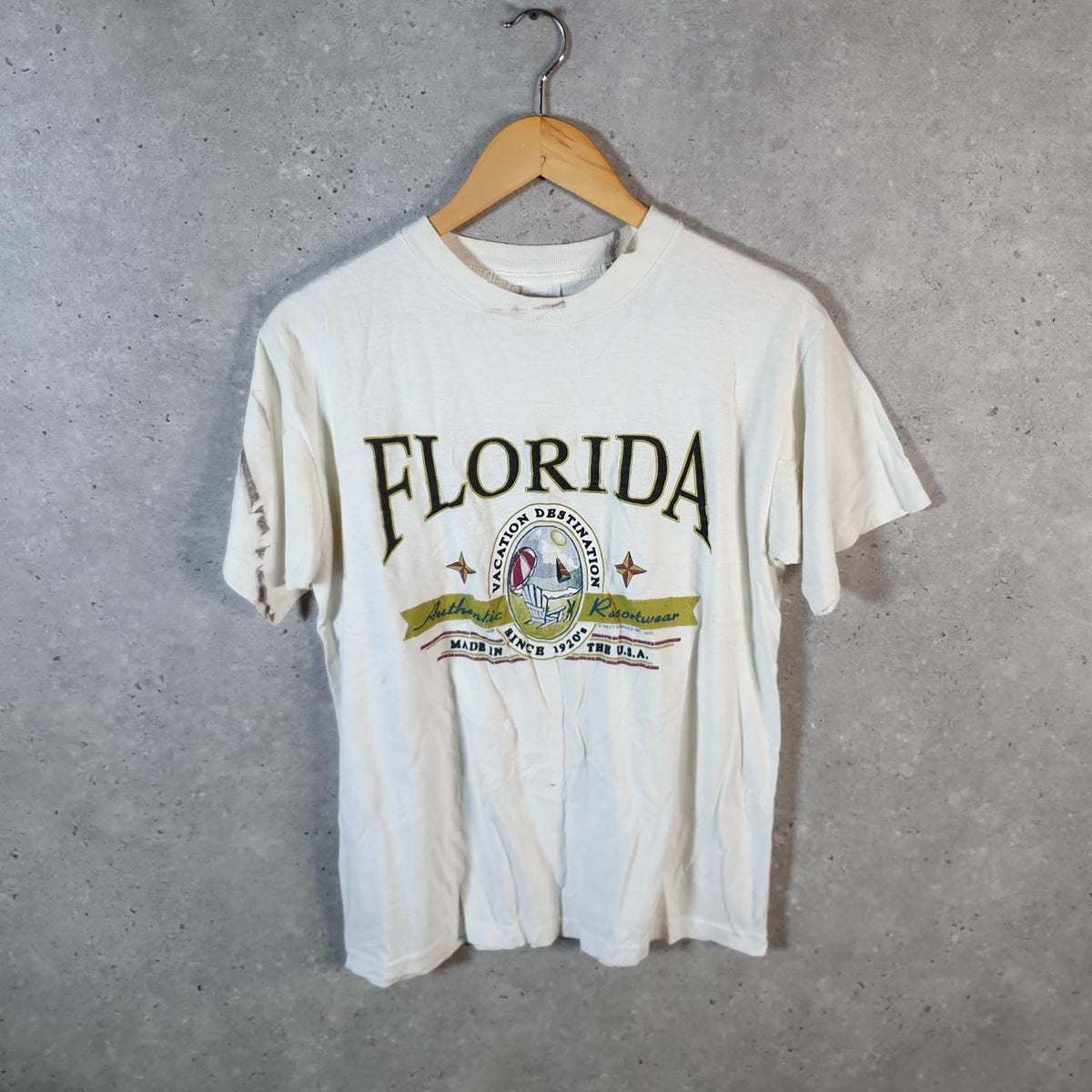 Vintage Florida Vacation 1993 Graphic 90s USA Single Stitch T Shirt Men’s Small White Big Fish Vintage