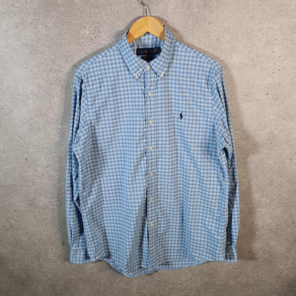 Vintage Ralph Lauren Button Down Shirt Men’s Large Blue Checkered Classic Fit Cotton Pony Big Fish Vintage