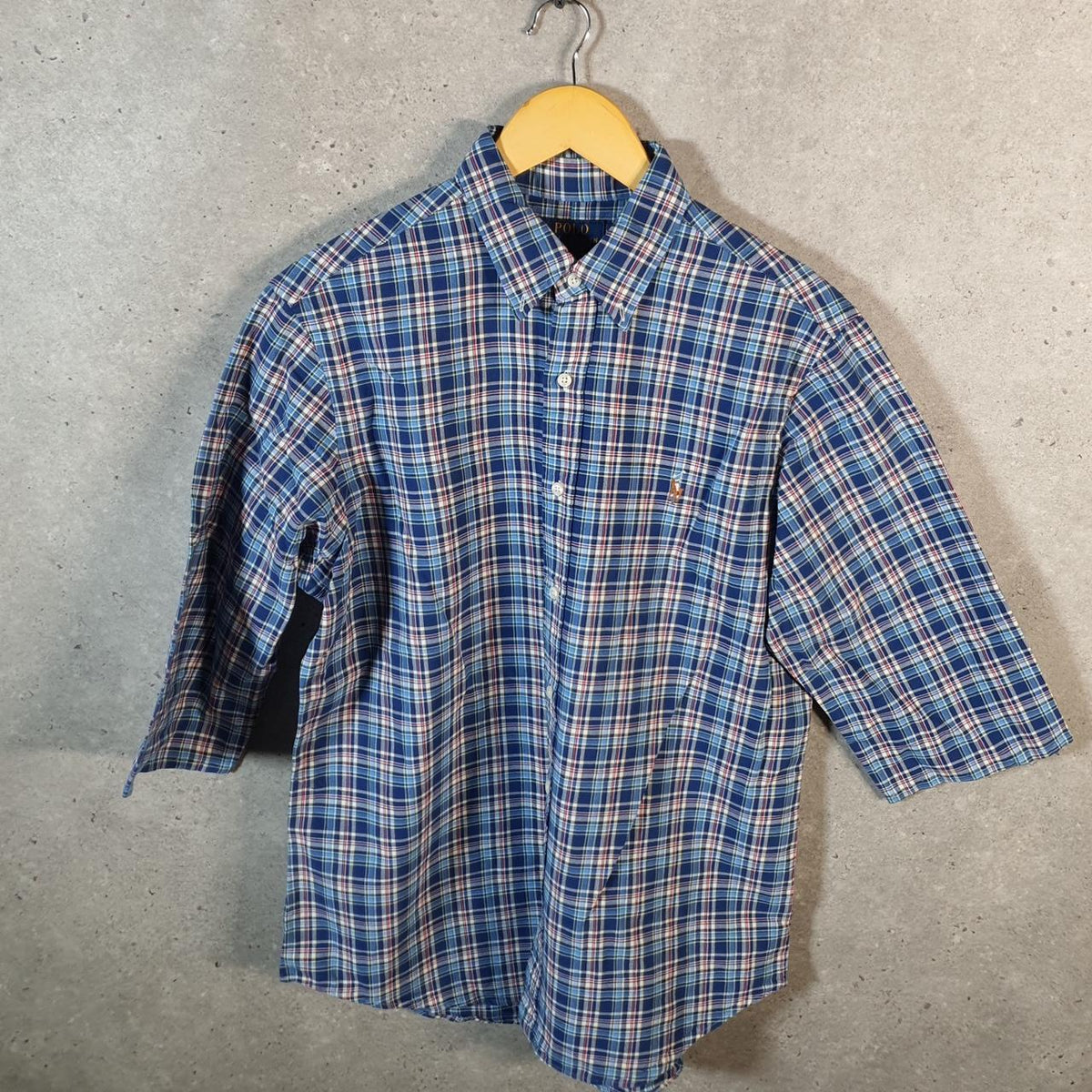 Vintage Ralph Lauren Button Down Shirt Men’s Large Blue Classic Fit Checkered Cotton Pony