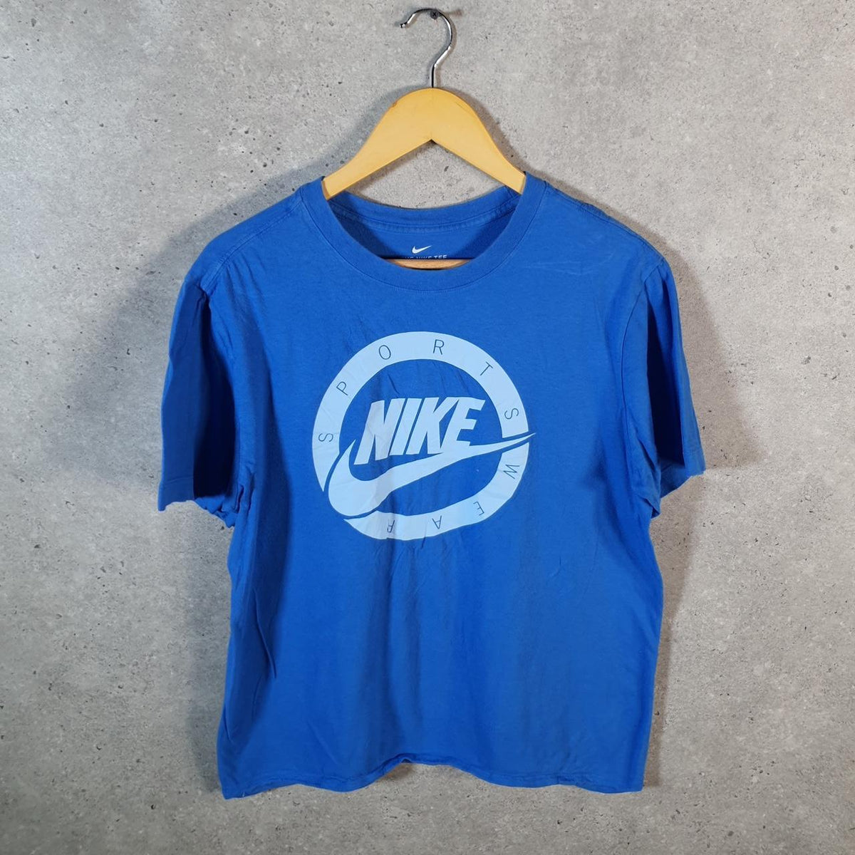 Vintage Nike Sportswear Spellout T Shirt Womens Medium Blue Logo Swoosh Athletic