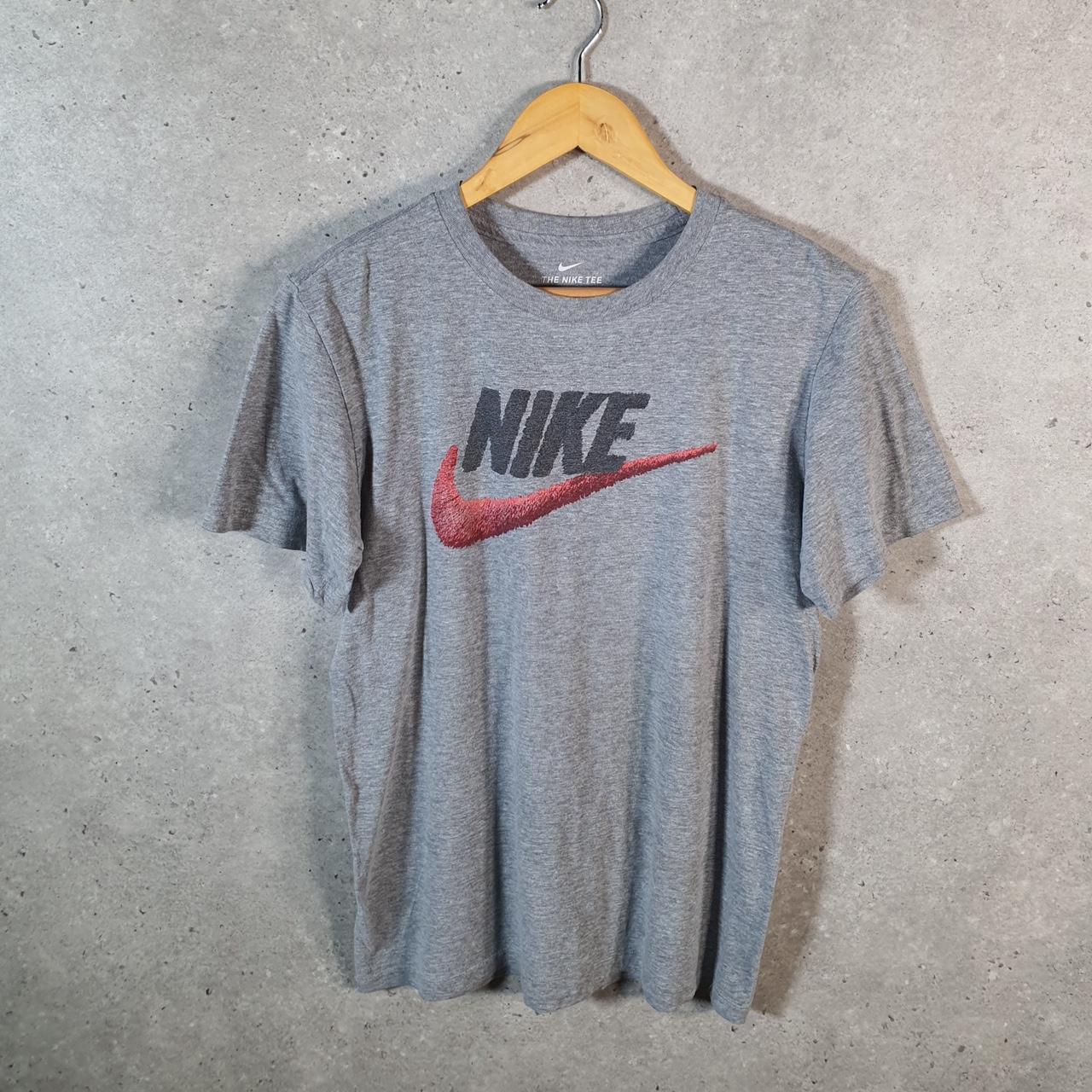 Vintage Nike Club T Shirt Men’s Small Grey Printed Single Swoosh Logo Athletic Big Fish Vintage