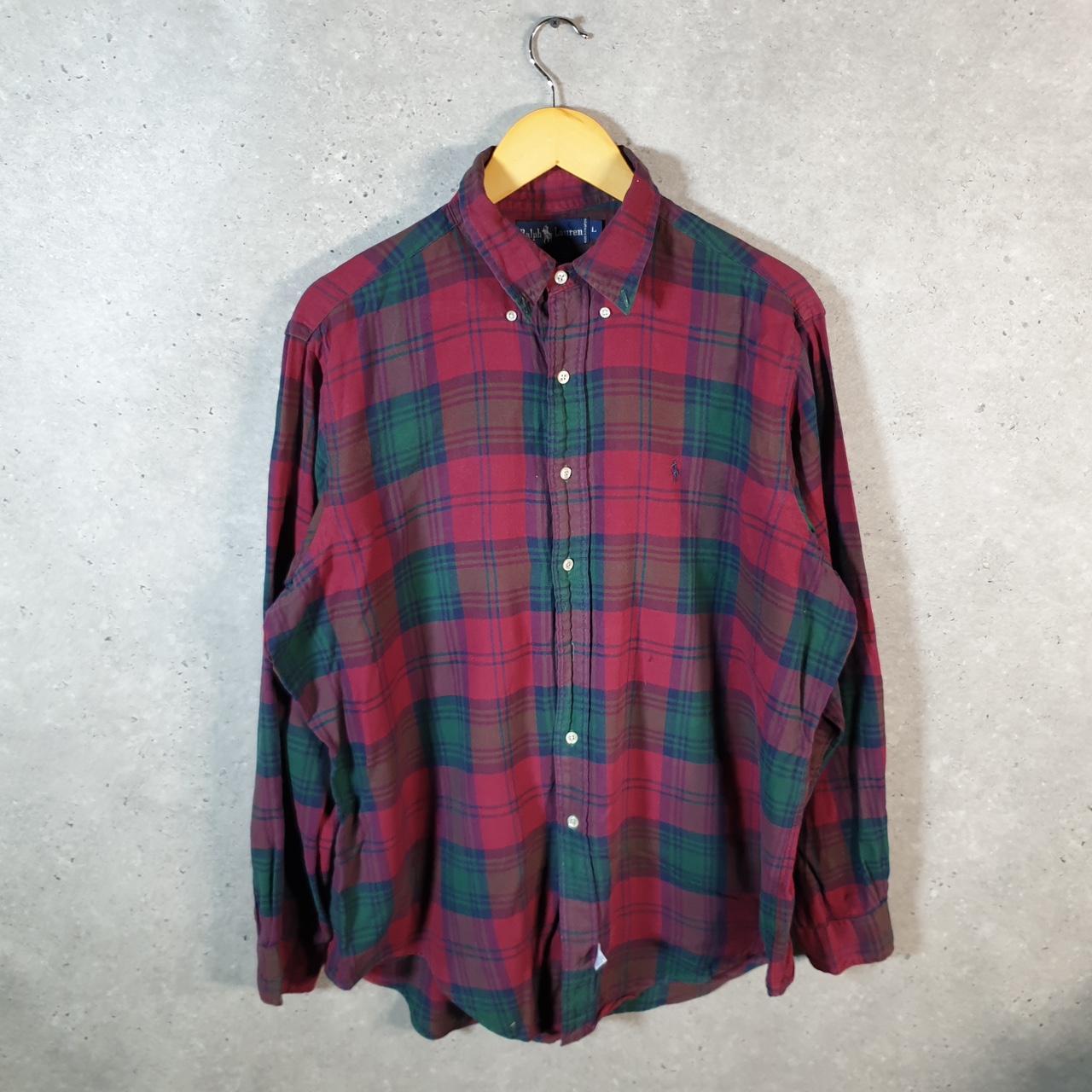 Vintage Ralph Lauren Button Down Shirt Men’s Large Burgundy Red Classic Fit Checkered Pony