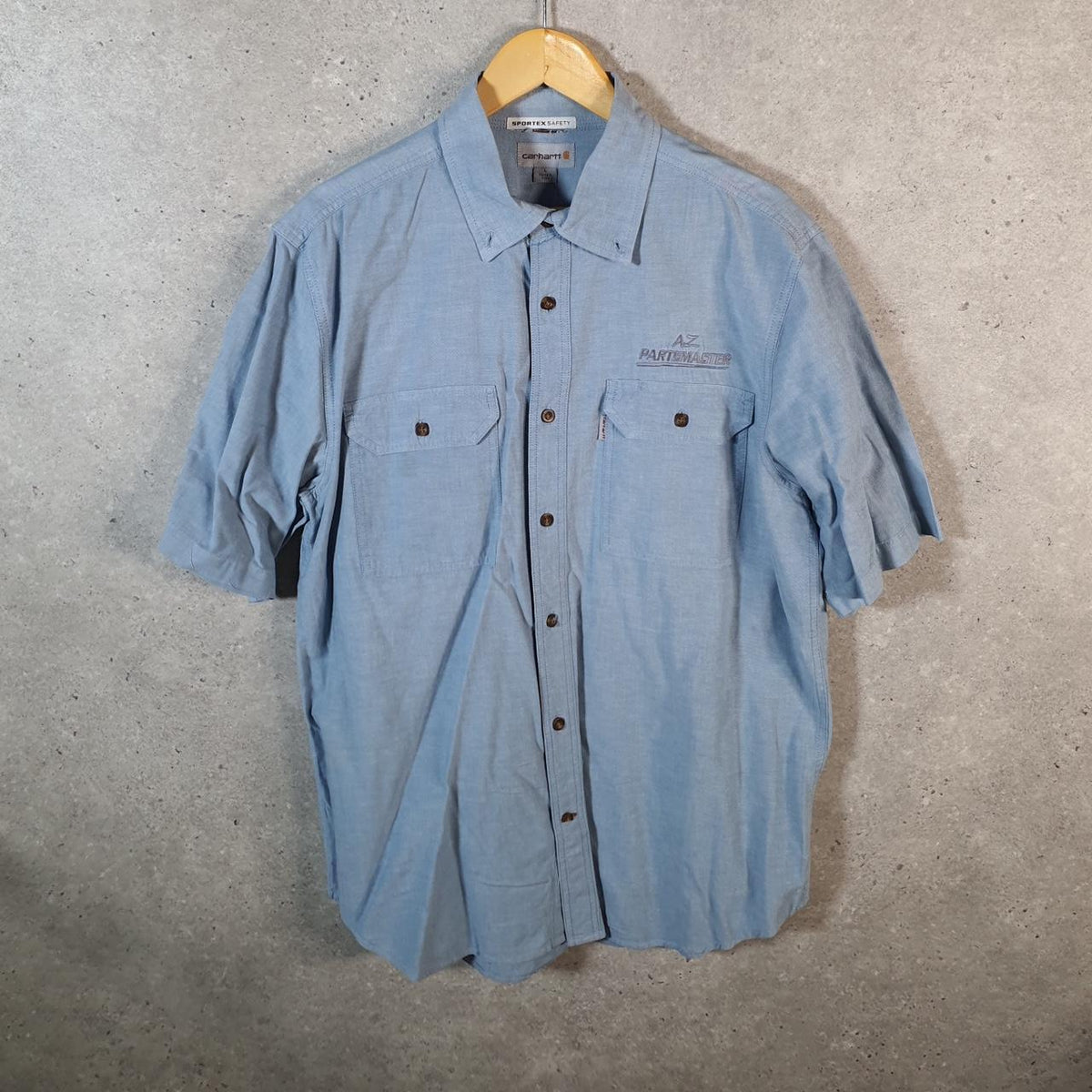 Vintage Carhartt Shirt Button Down Mens Large Blue Short Sleeve Chore Utility Relaxed - Big Fish Vintage