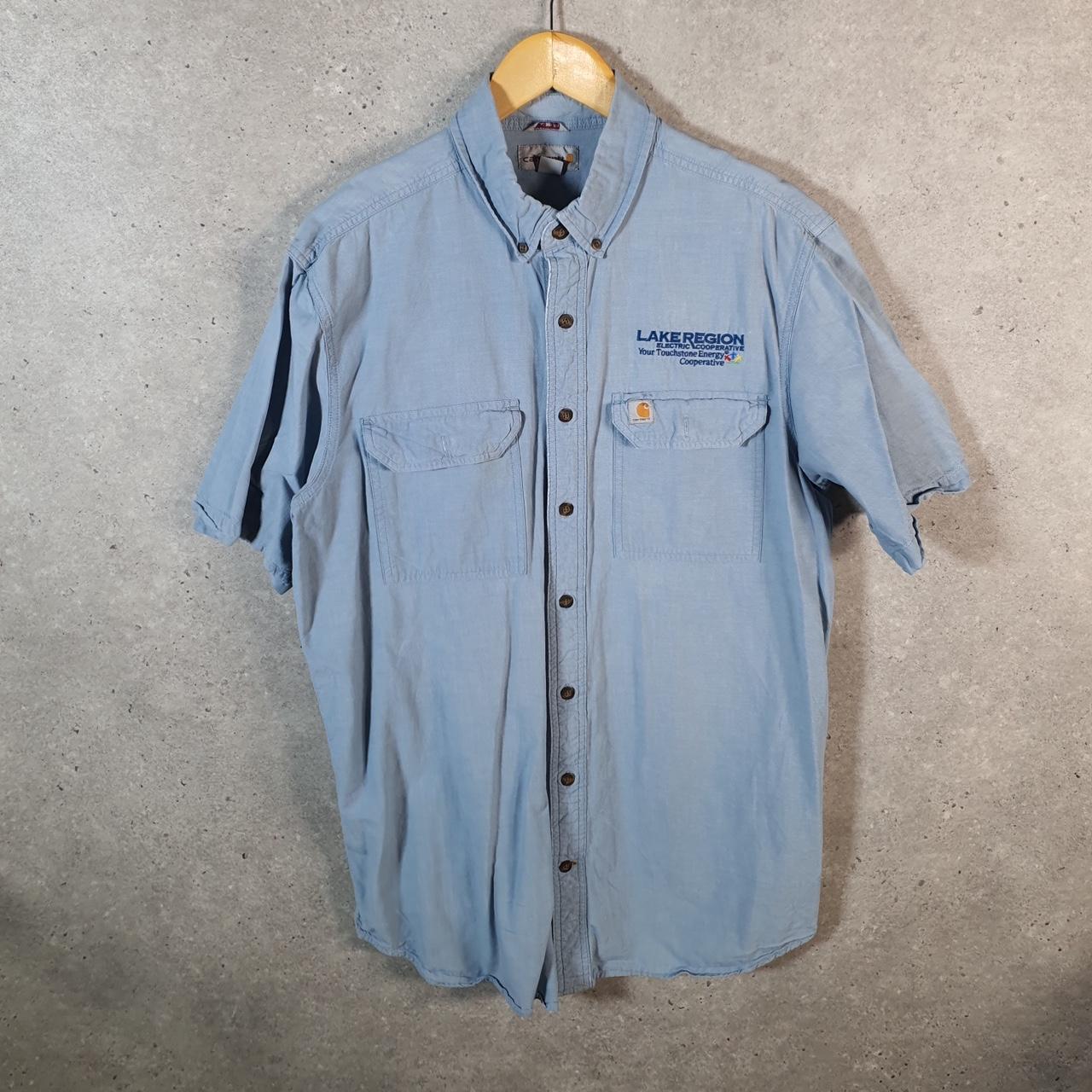 Vintage Carhartt Shirt Button Down Mens Large Blue Short Sleeve Chore Utility Relaxed - Big Fish Vintage