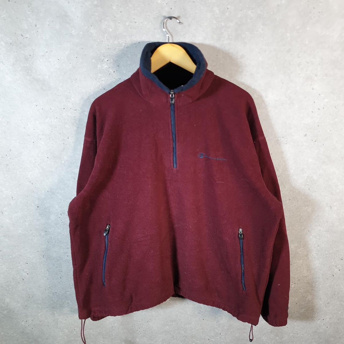 Vintage Champion 1/4 Zip Fleece Pullover Sweatshirt Mens XL Burgundy Embroidered Logo