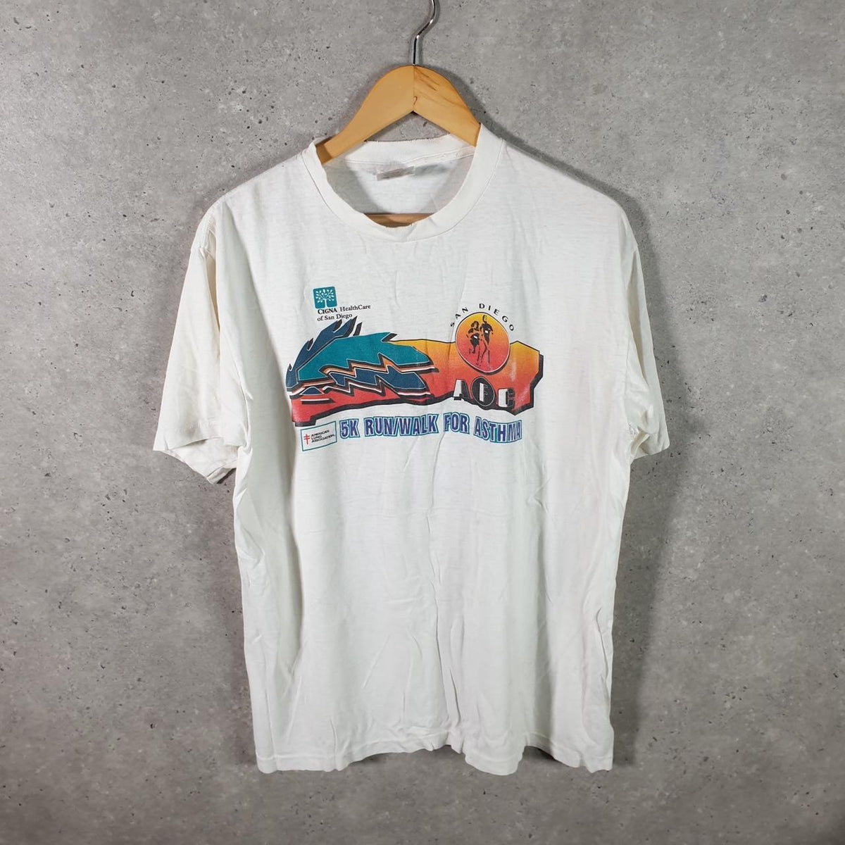 Vintage Oneita PowerPro San Diego 1996 5k T Single Stitch T Shirt Men’s Large White Big Fish Vintage