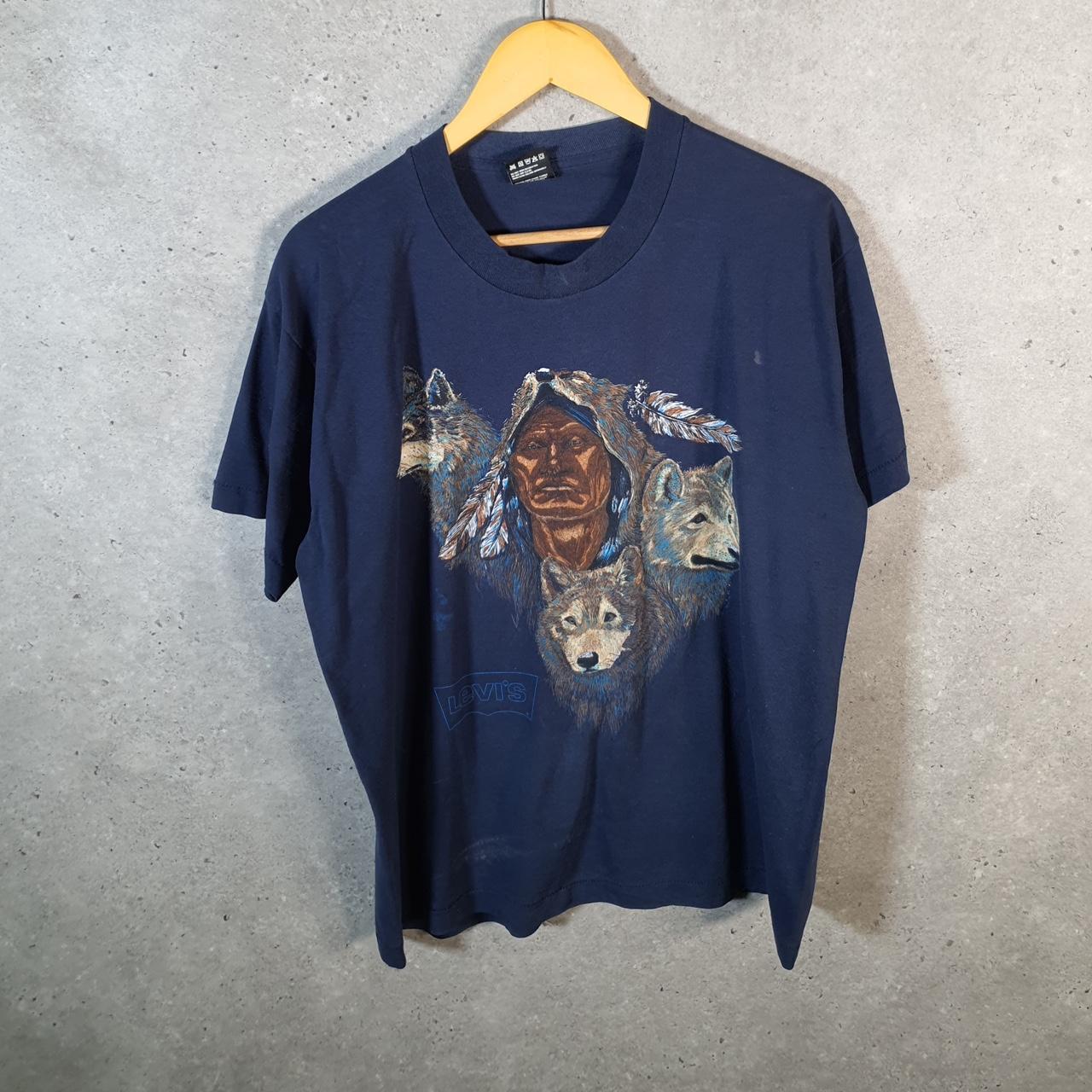 Vintage Fruit Of The Loom Wolves Native American 90s USA Single Stitch T Shirt Men’s Large Blue