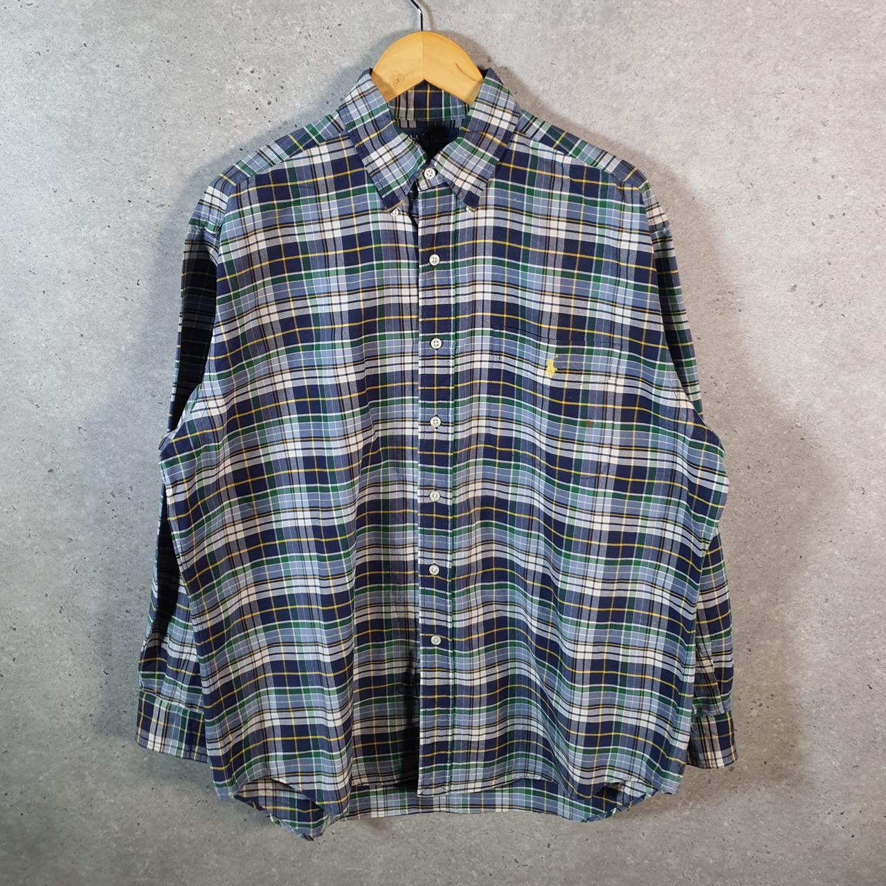 Vintage Ralph Lauren Button Down Shirt Men’s Medium Blue Checkered Big Shirt Pony Casual C8459