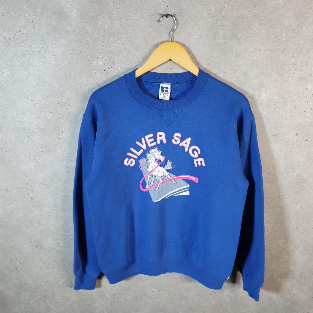 Vintage Russell Athletic Sweatshirt Womens Medium Blue USA Silver Sage Unicorn