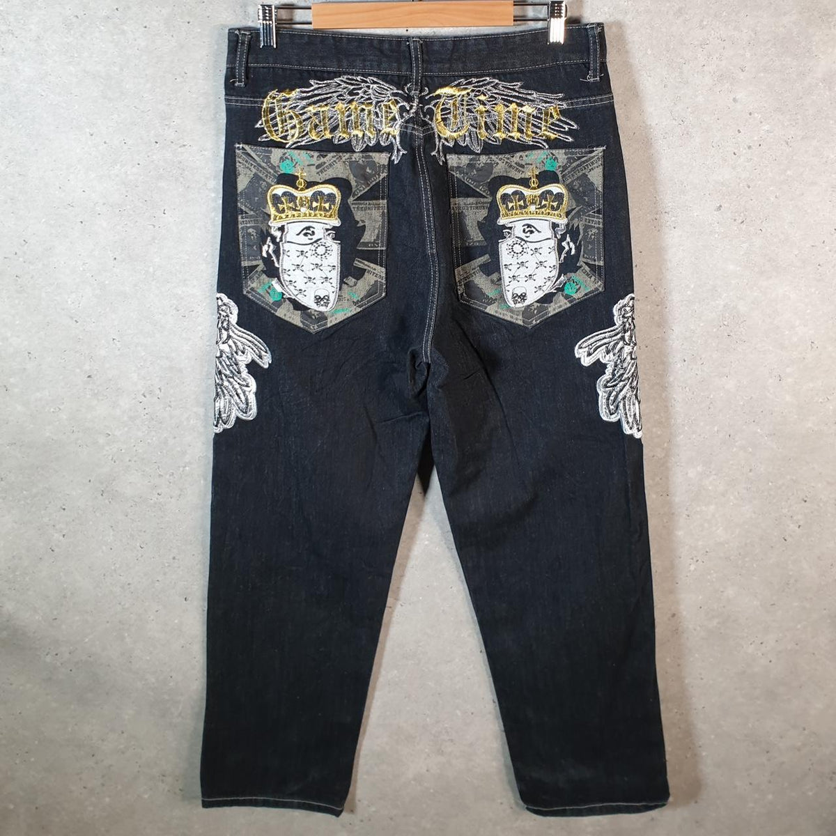 Vintage Game Time Baggy Y2K Hip Hop Jeans Mens W34 L30 Blue Denim Skulls Big Fish Vintage