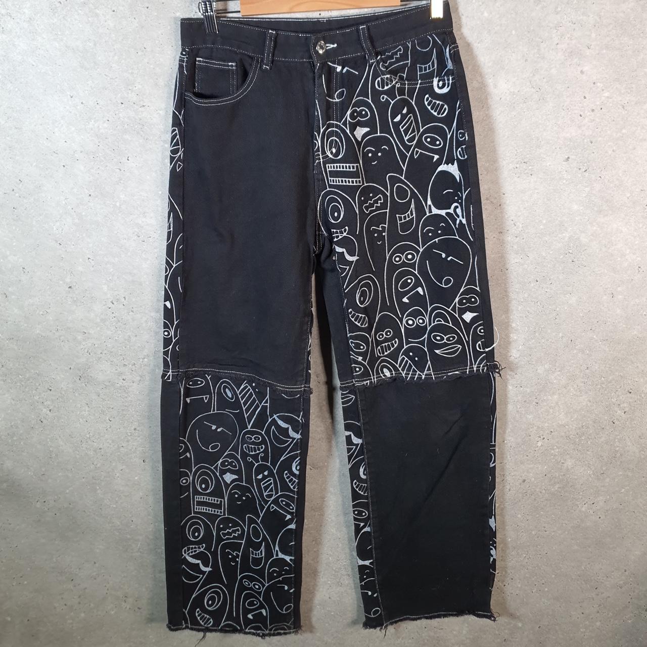 Shein Faces Graphic Straight Y2K Hip Hop Jeans Womens Medium Black Denim USA Big Fish Vintage
