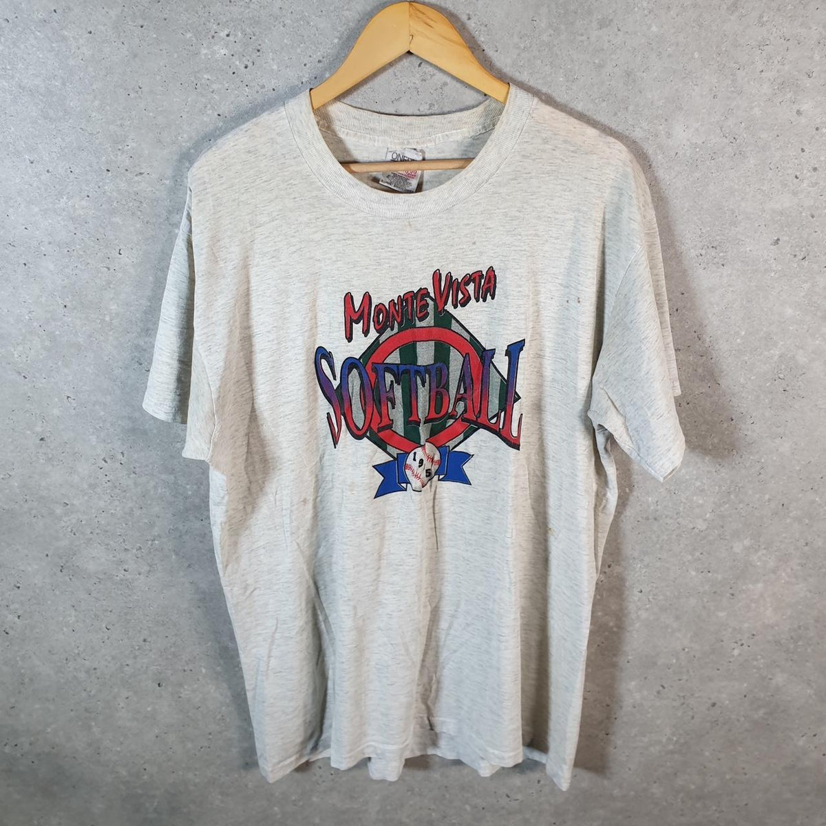 Vintage Oneita Power Monte Vista Softball T Single Stitch T Shirt Men’s XL Grey Big Fish Vintage