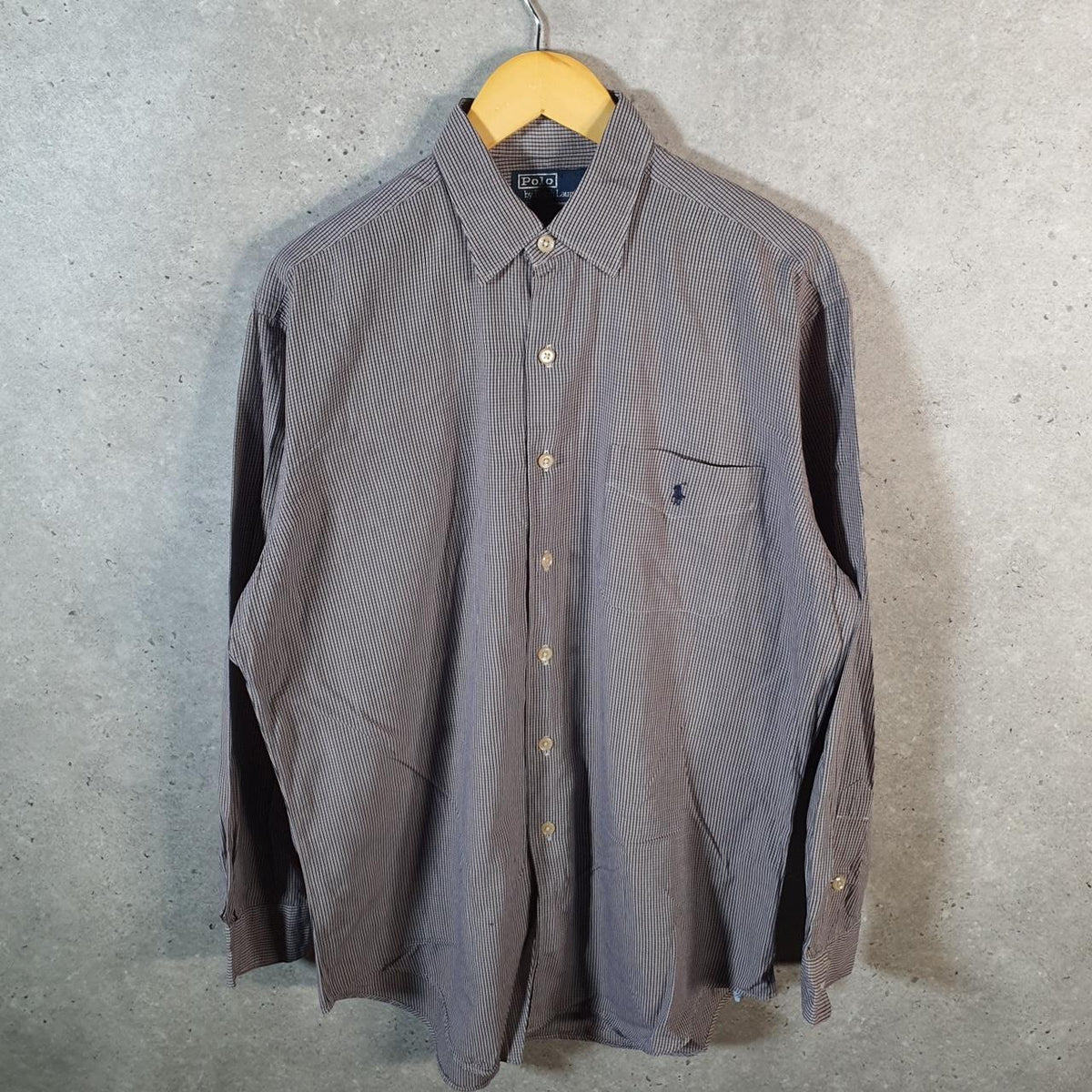 Vintage Ralph Lauren Button Down Shirt Men’s Medium Grey Crane Checkered Cotton Pony
