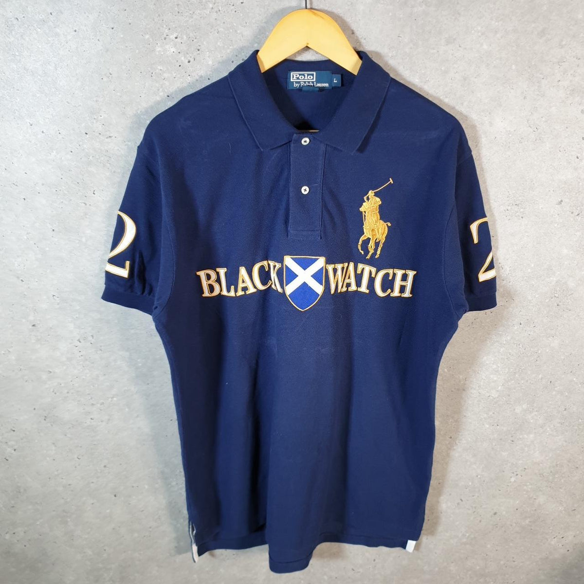 Vintage Ralph Lauren Polo Shirt Black Watch Men’s Large Navy Blue Chief Keef Spellout Pony