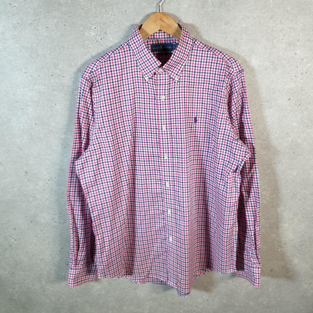 Vintage Ralph Lauren Button Down Shirt Men’s Large Pink Checkered Classic Fit Cotton Pony Big Fish Vintage