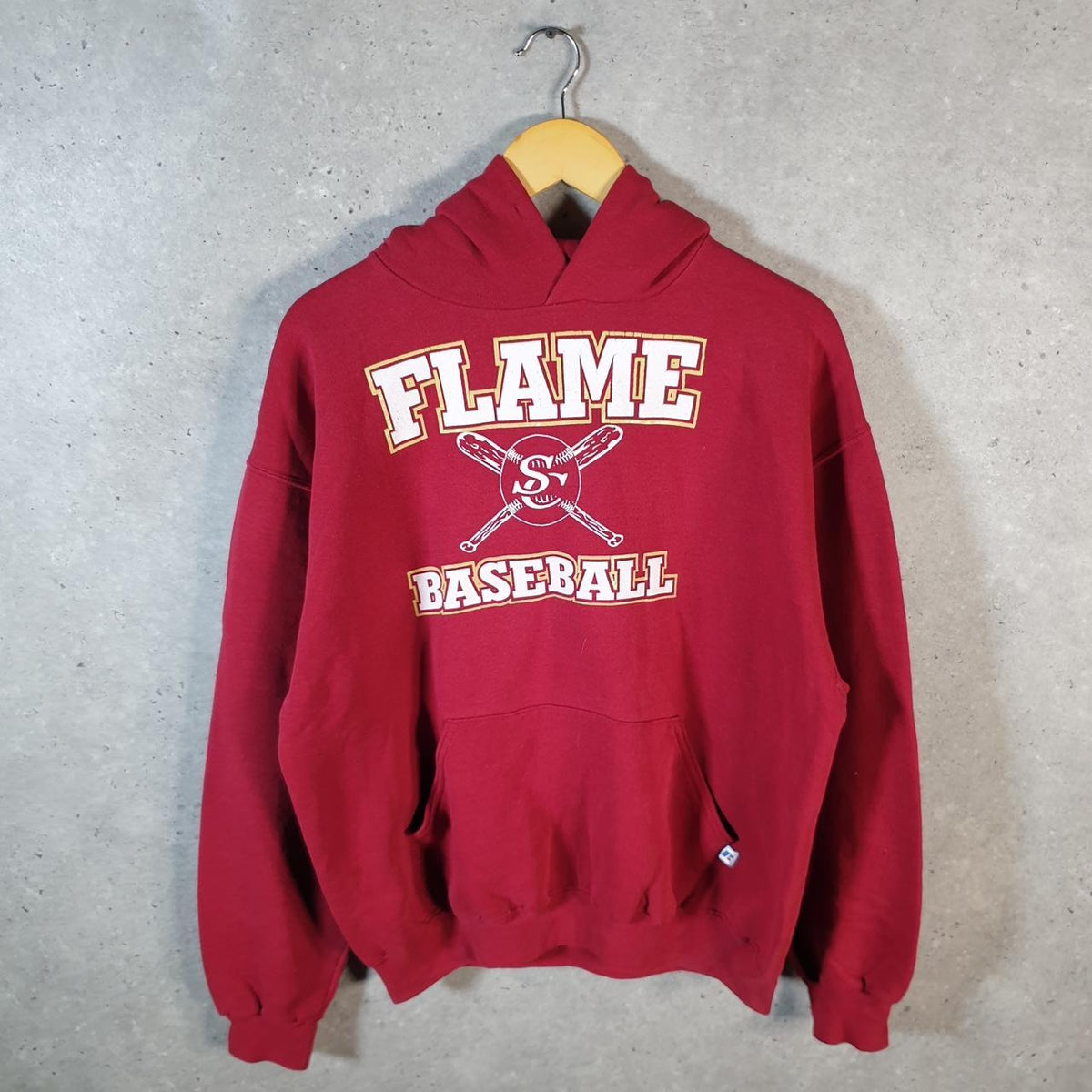 Vintage Russell Athletic Flame Baseball Hoodie Men’s Large Red Pullover Baggy