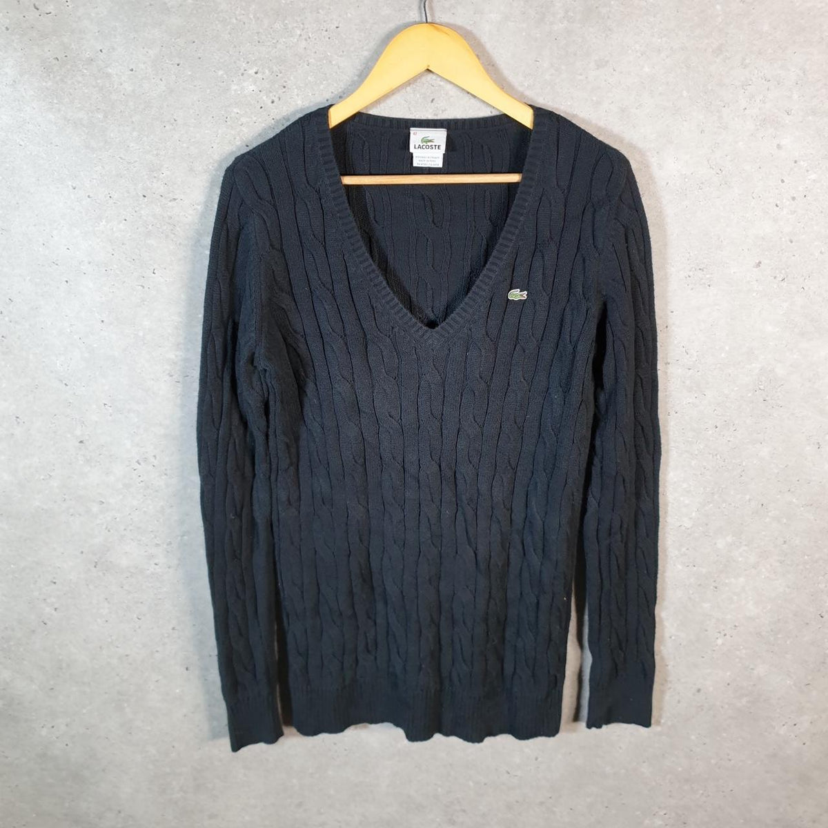 Vintage Lacoste Sweatshirt Cable Knit Womens Large Black Pullover Logo Y2K Jumper