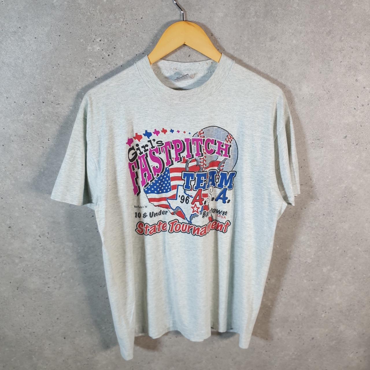 Vintage Fruit of the Loom 1996 Fast pitch Baseball 90s USA Single Stitch T Shirt Men’s Large Grey